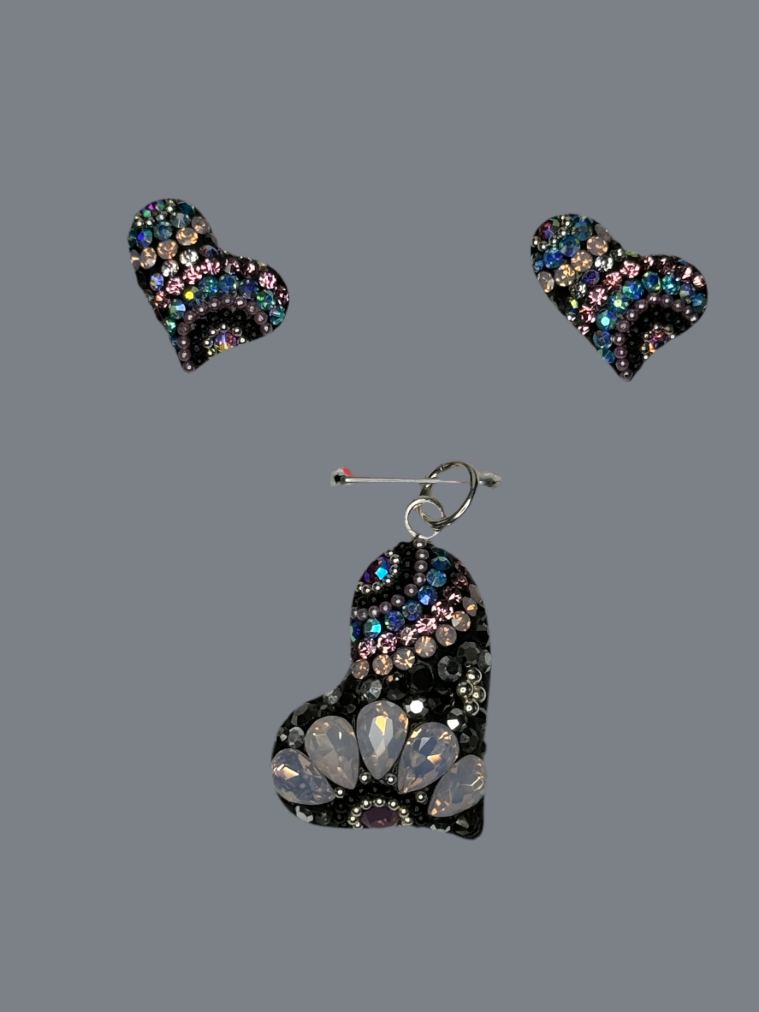 Multi color Crystals with black Heart Pendant & Earrings .