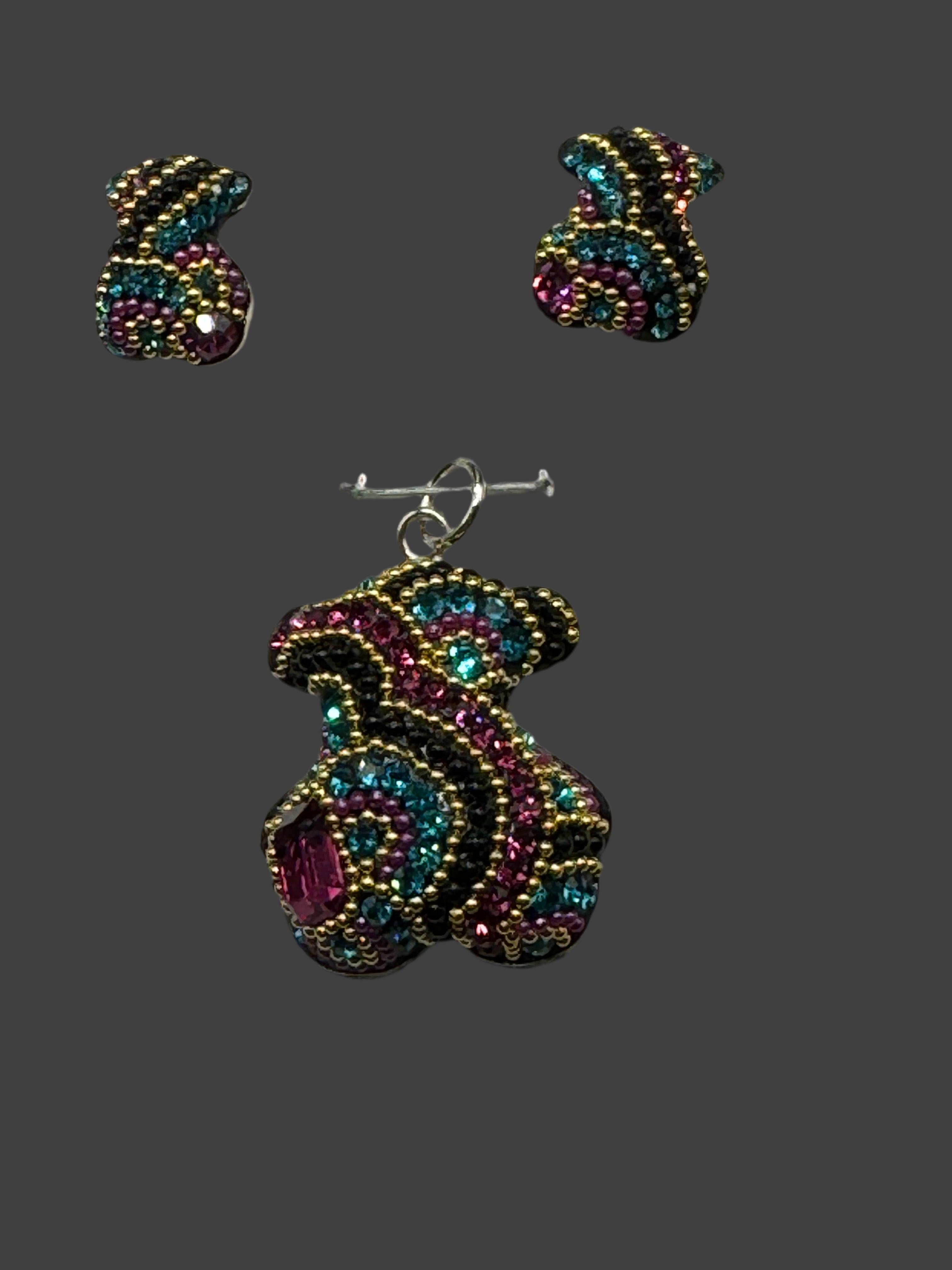 Teddy Bear Pendant & Earrings in gold & fuchsia iridescent crystals .