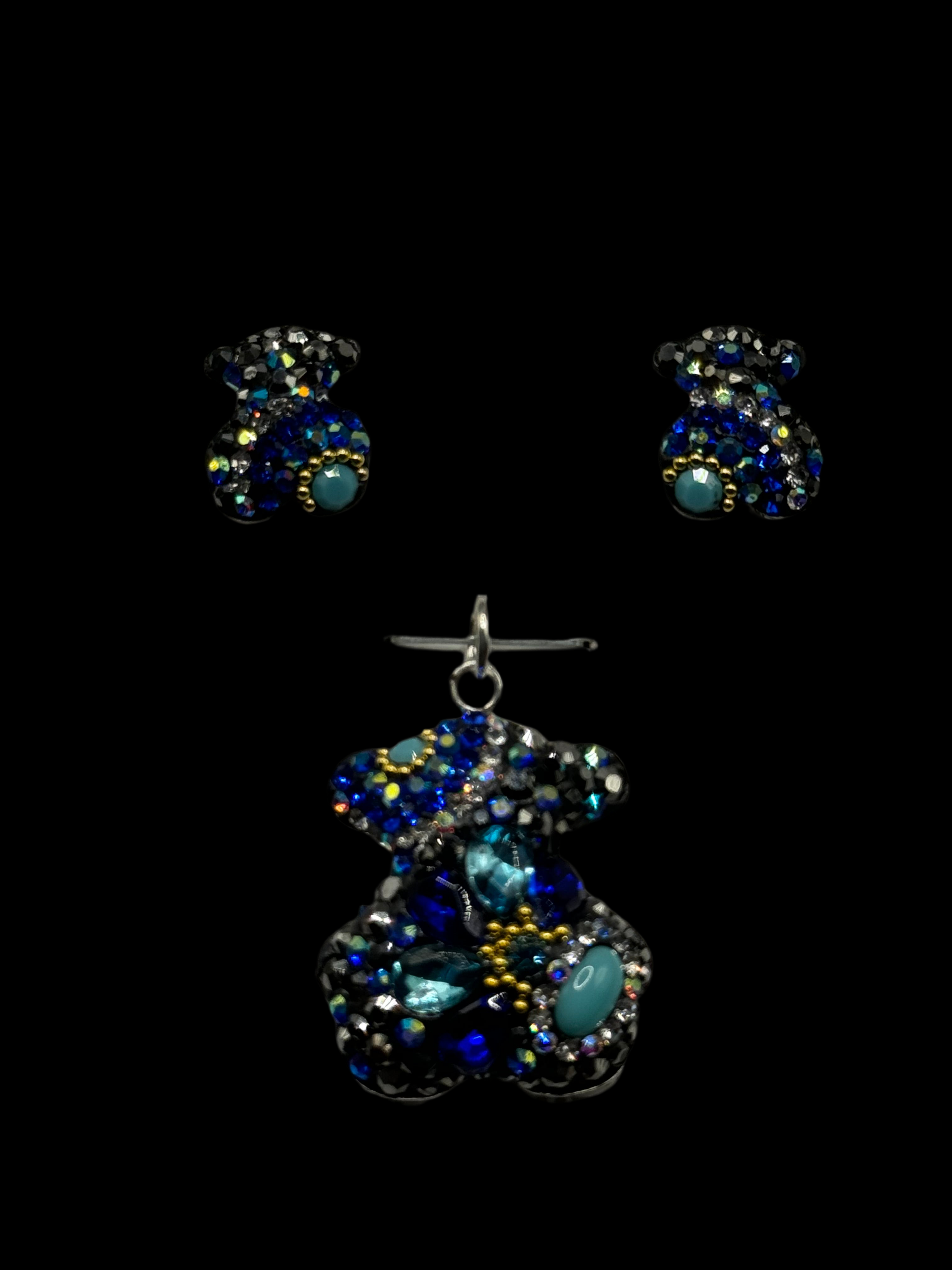 Teddy Bear Pendant & Earrings. Blue & Turquoise crystals .