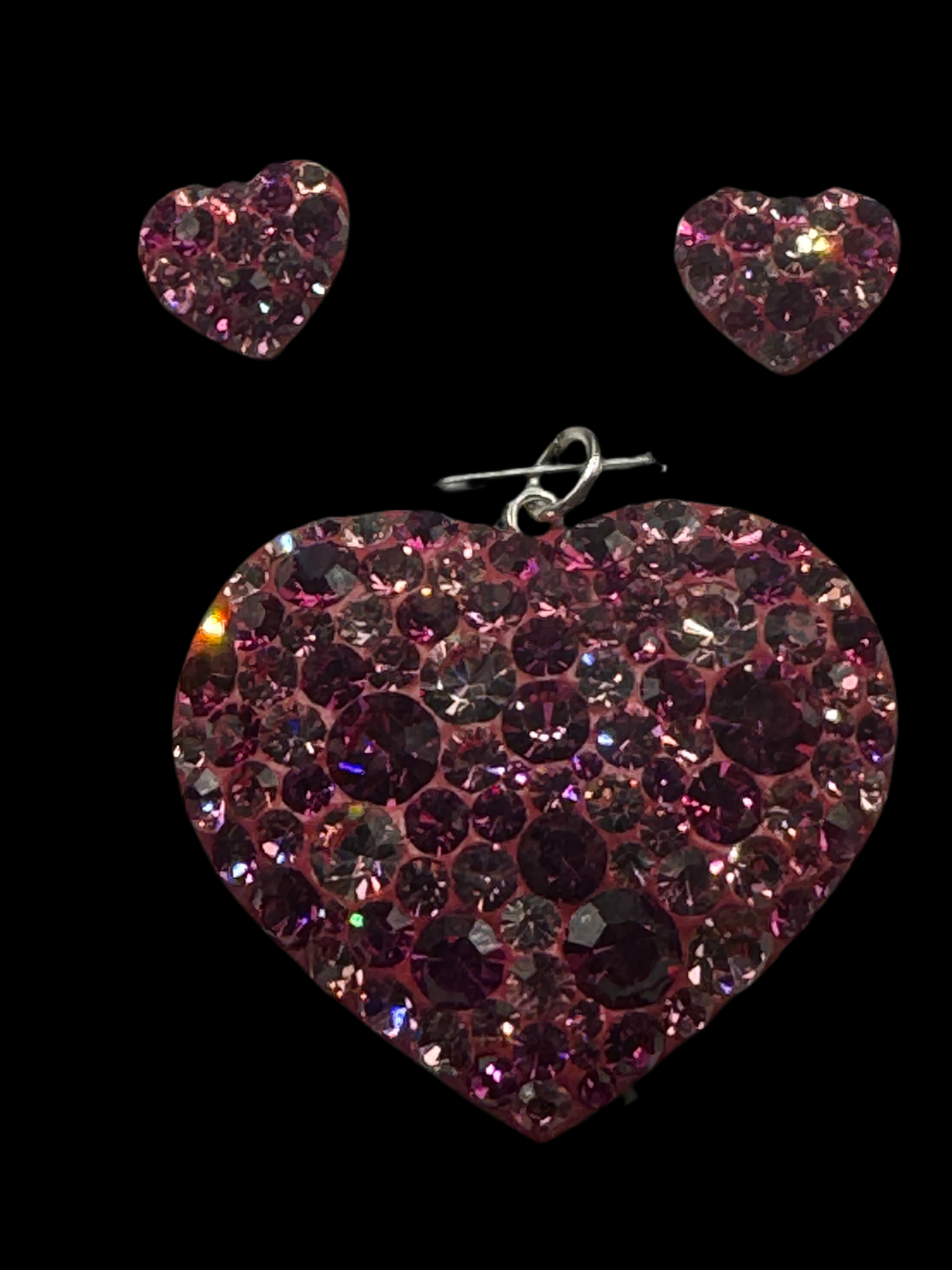 Deep Fucshia  crystals  Heart Pendant & Earrings.