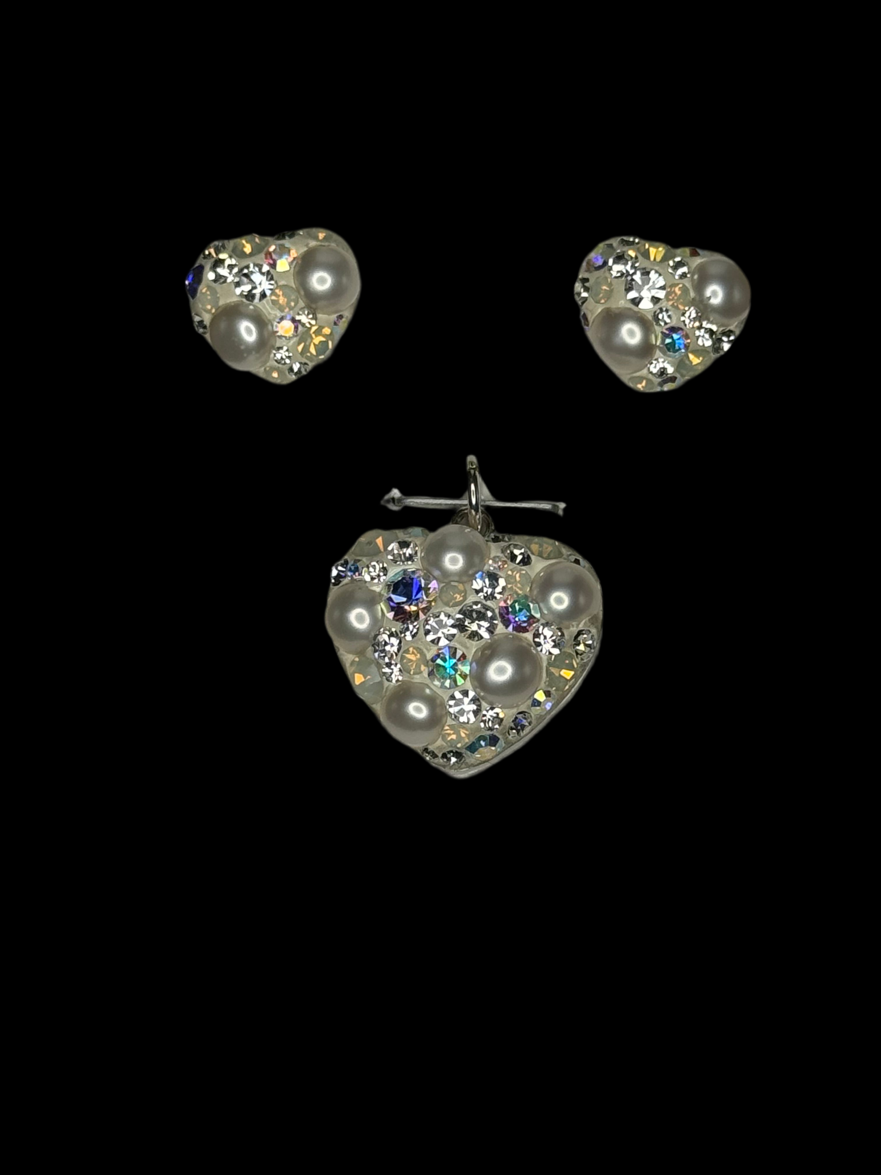 Crystals & Pearls Heart Pendant & Earrings .