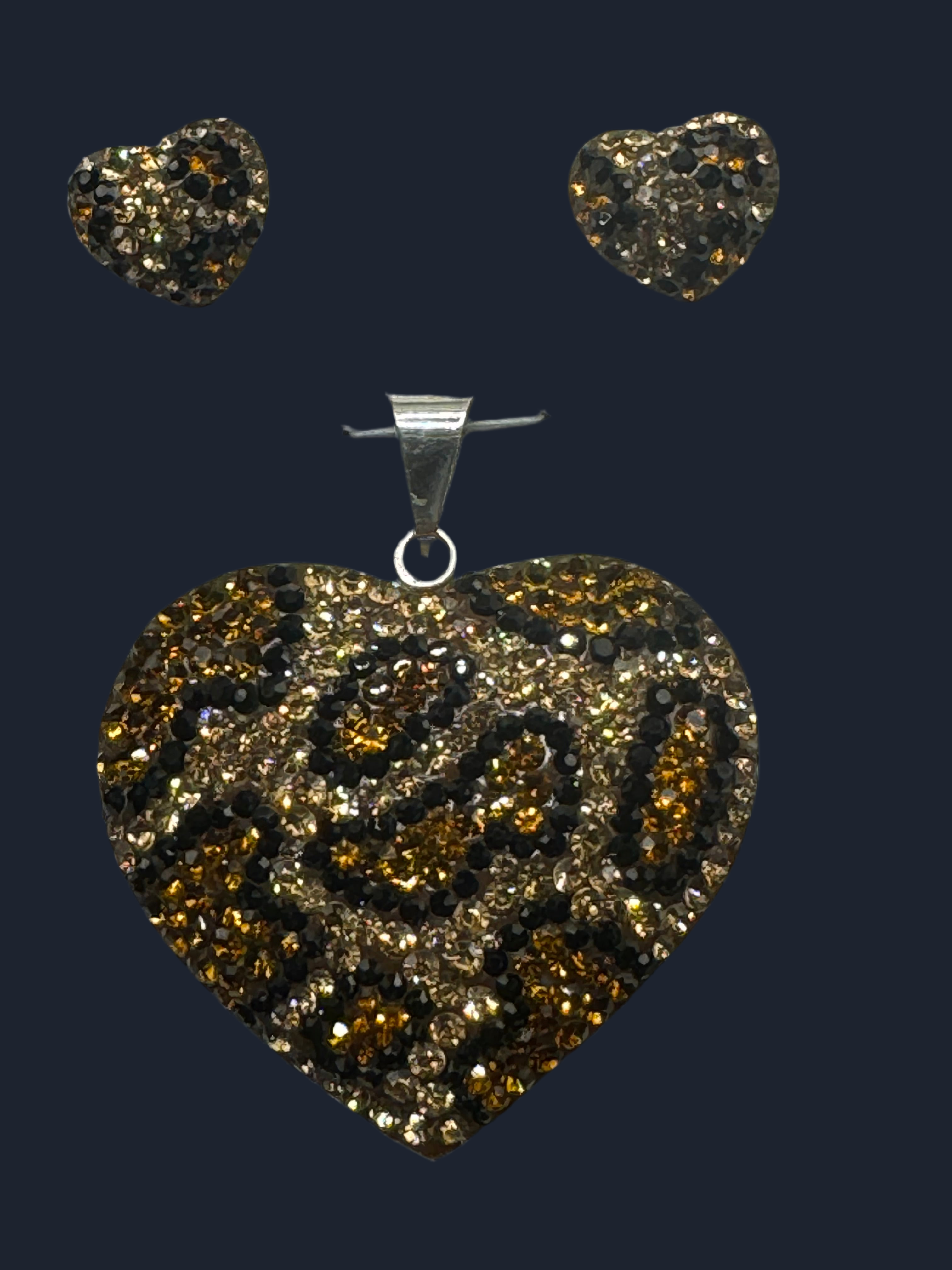 Heart Pendant & Earrings . Leopard print crystals .