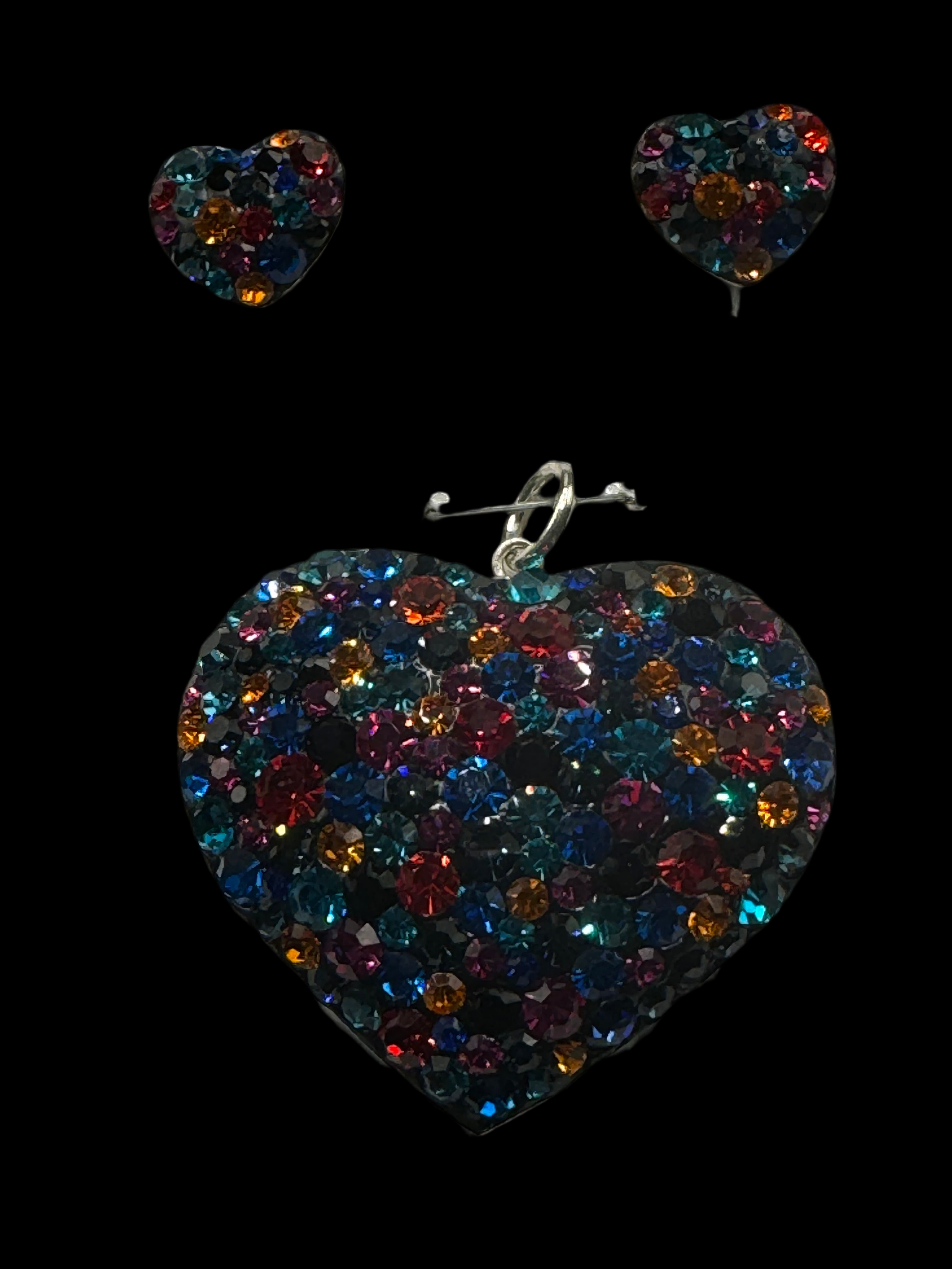 Deep Oranges & Blue crystals Heart Pendant & Earrings .