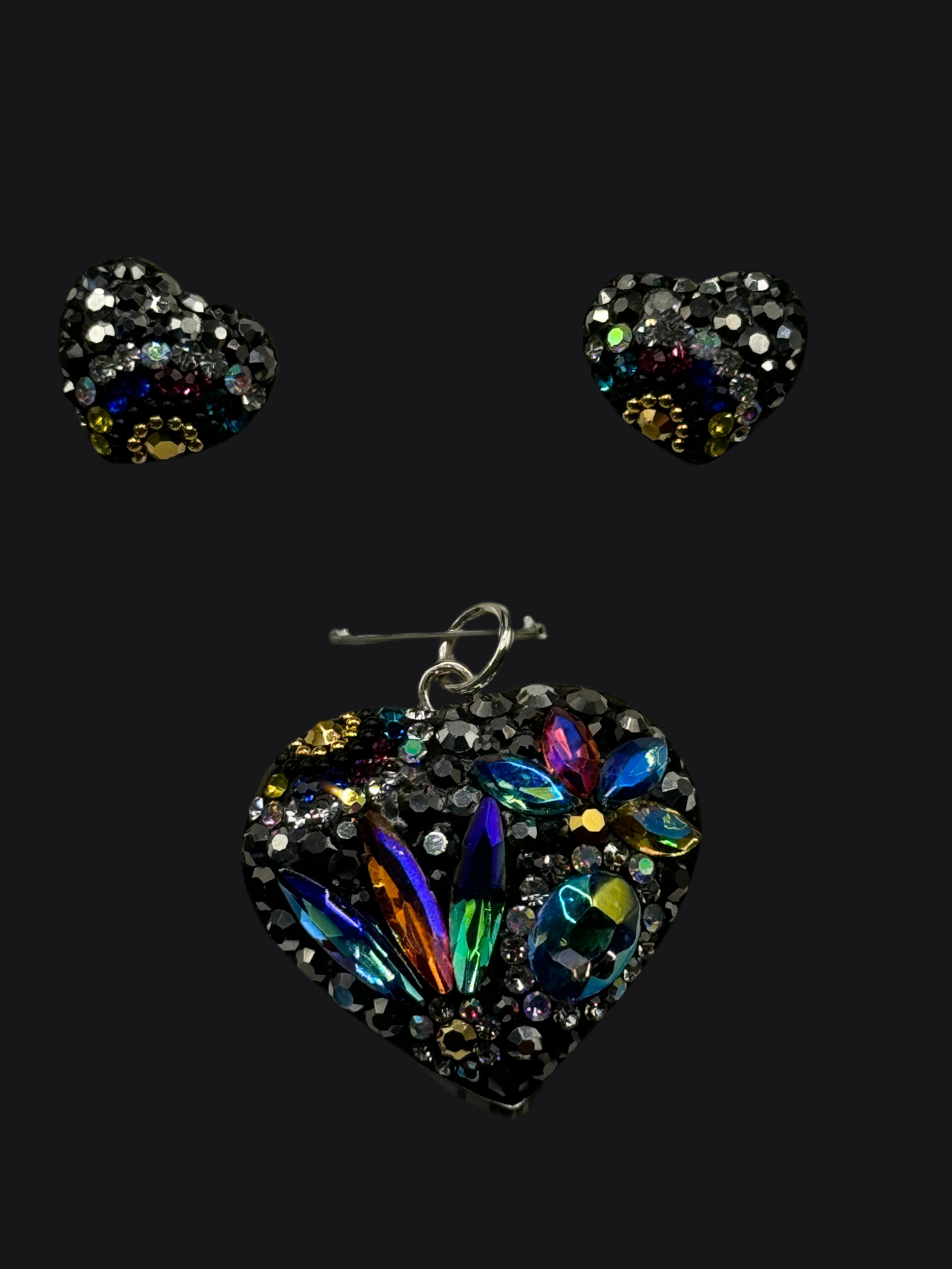 Heart Pendant & Earrings in brilliant colors of crystals .