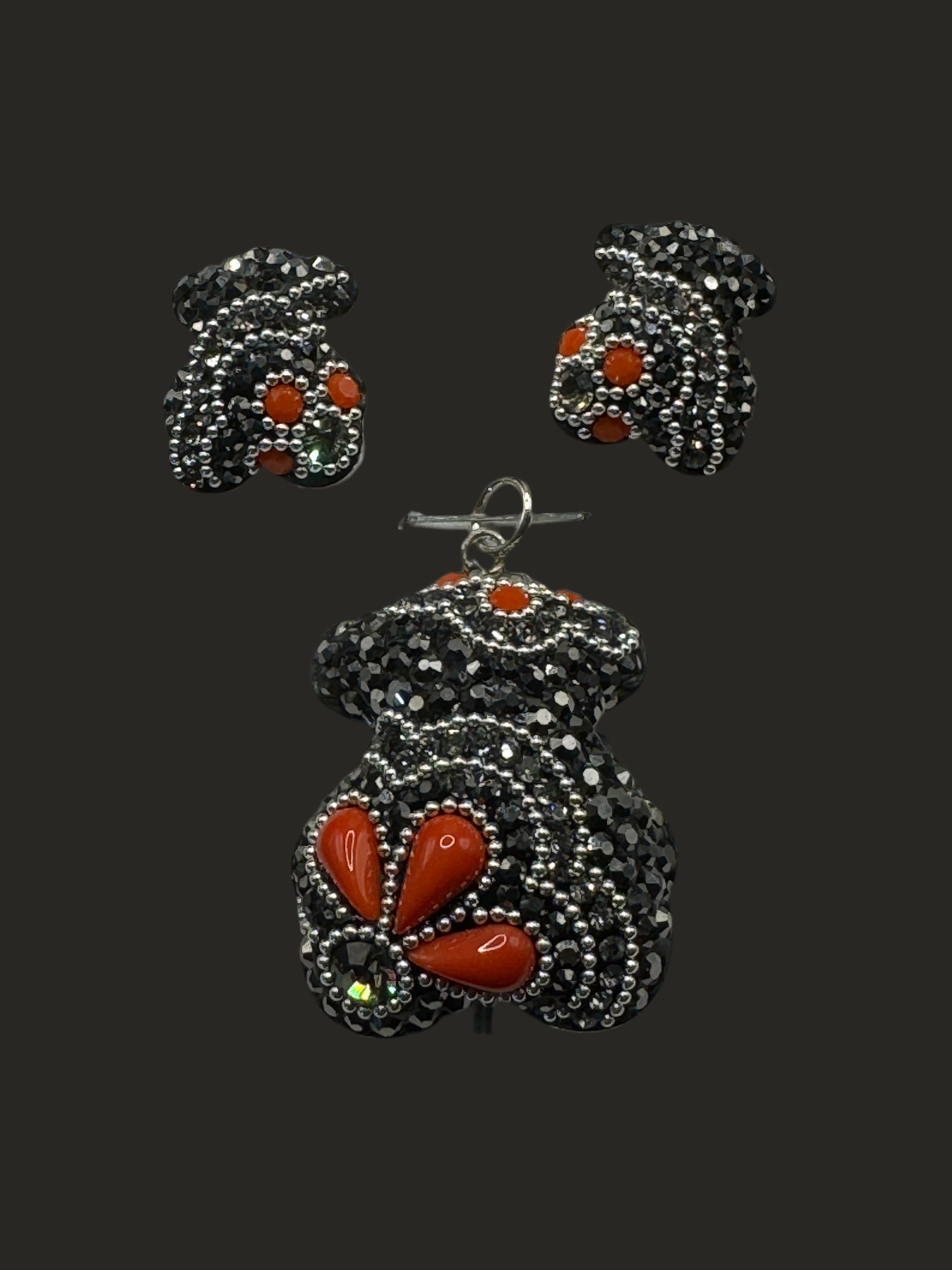 Teddy Bear Pendant & Earrings in coral crystals .