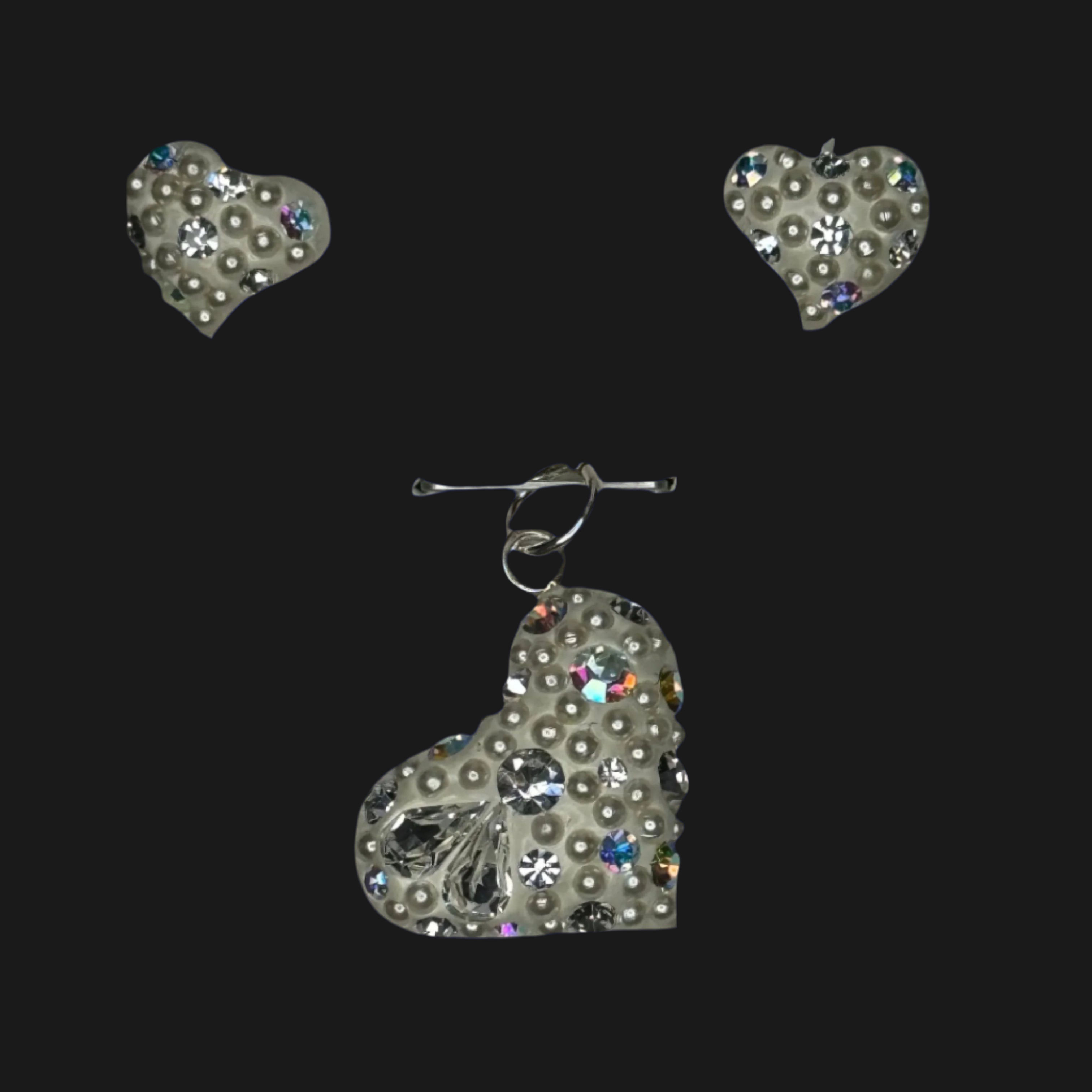 iridescent Crystal Heart Pendant & Earrings .