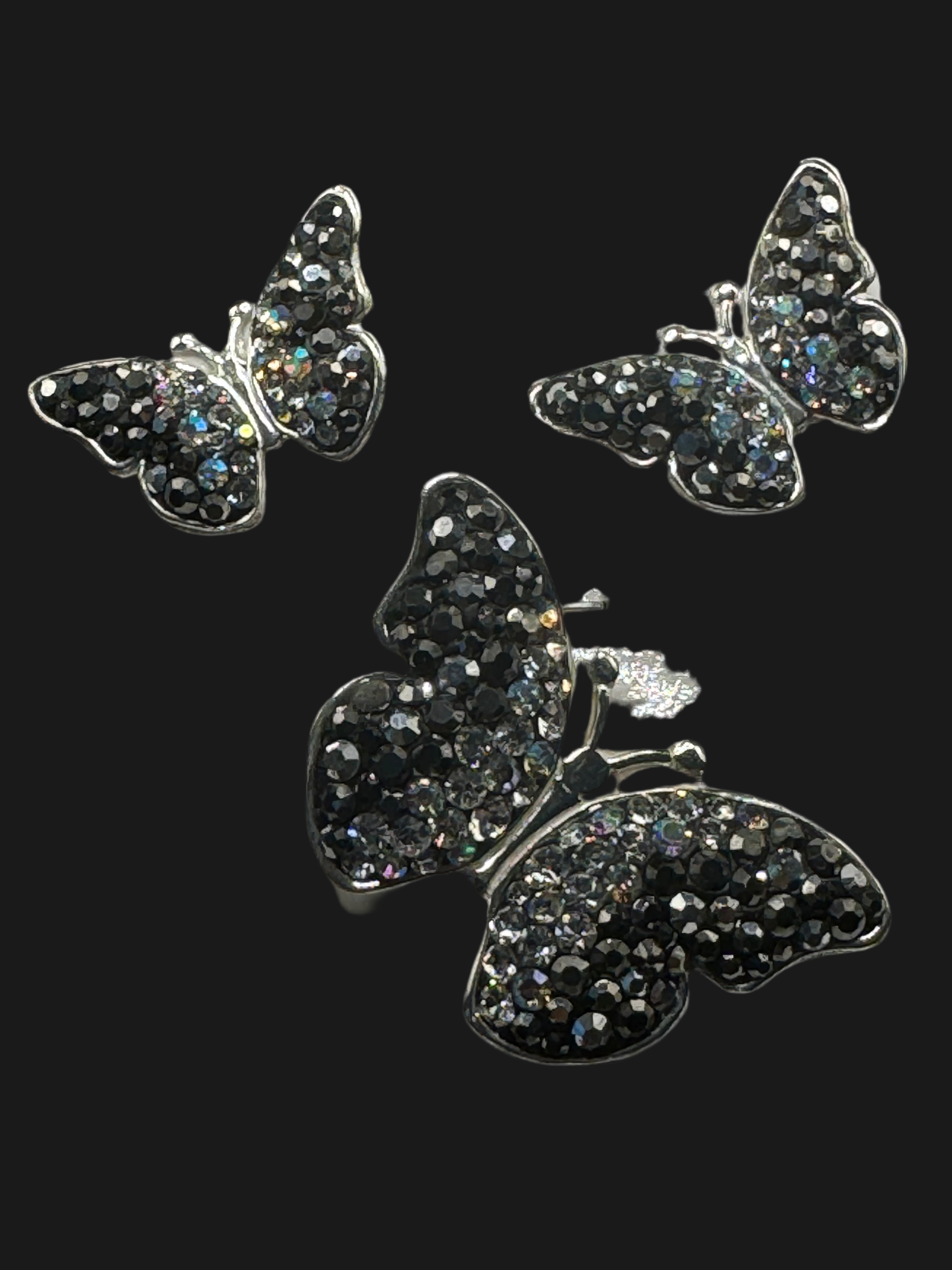 Butterfly Pendant & Earrings in black iridescent crystals .