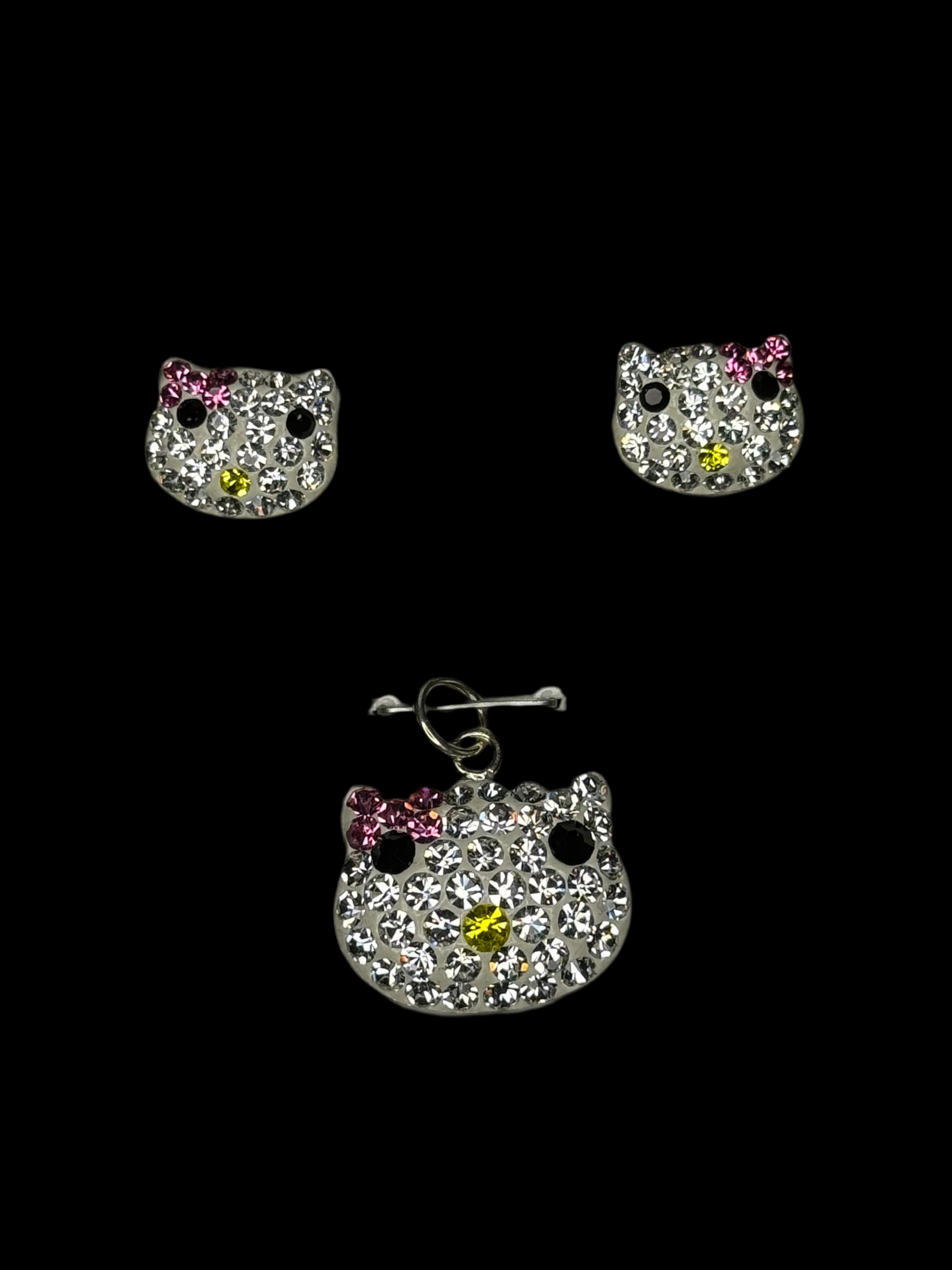 Iridescent crystals Kitty Pendant & Earrings .