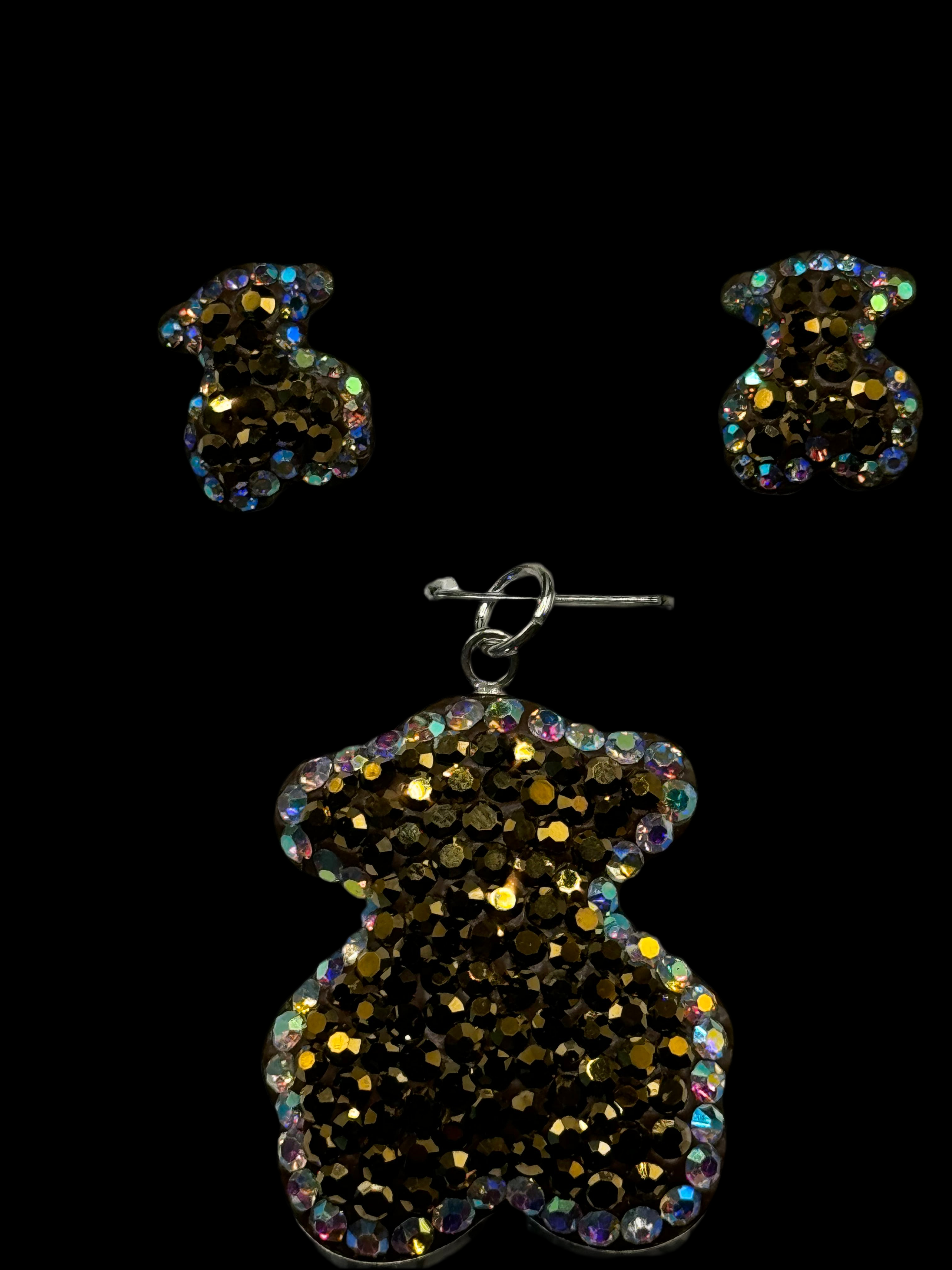 Teddy Bear Pendant & Earrings in gold color crystals .