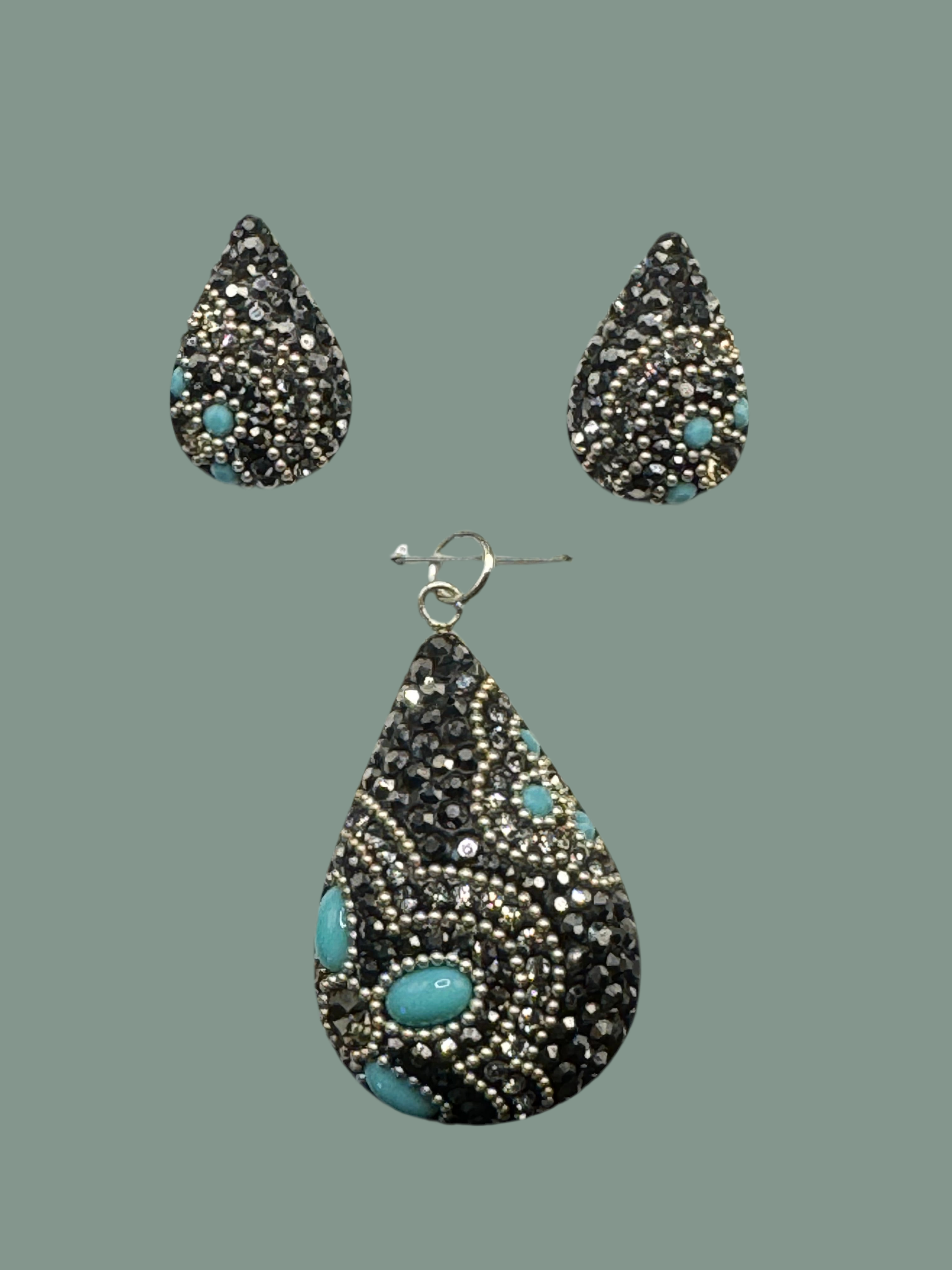 Paisley Pendant & Earrings in turquoise & black crystals .