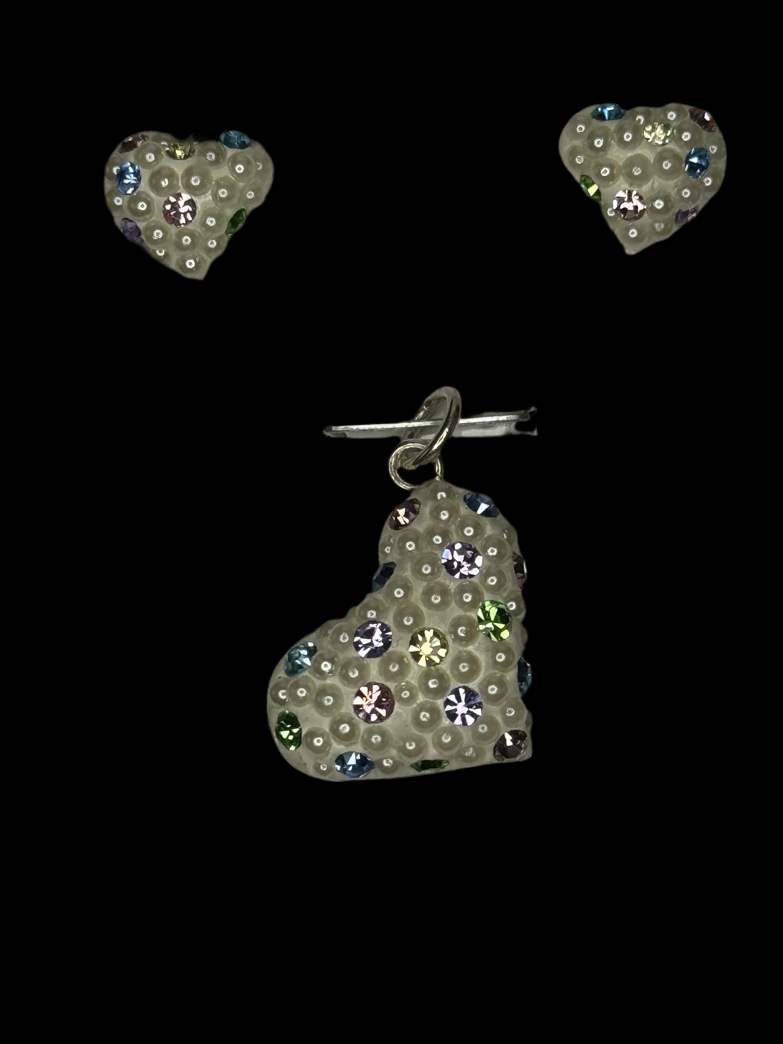 Crystals in white with Poka dots Heart Pendant & Earrings .