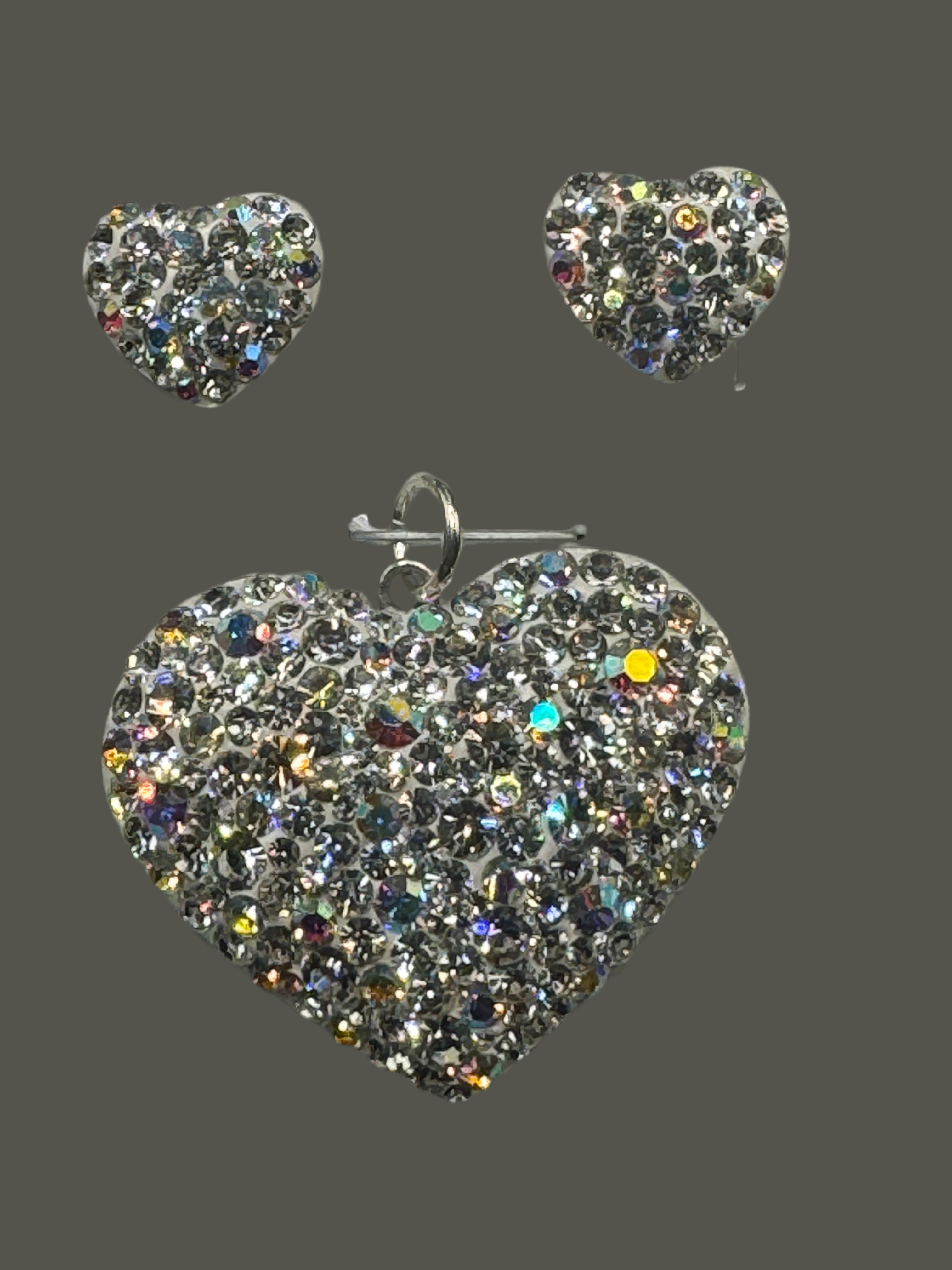Heart Pendant & Earrings Clear crystals . Sterling Silver .