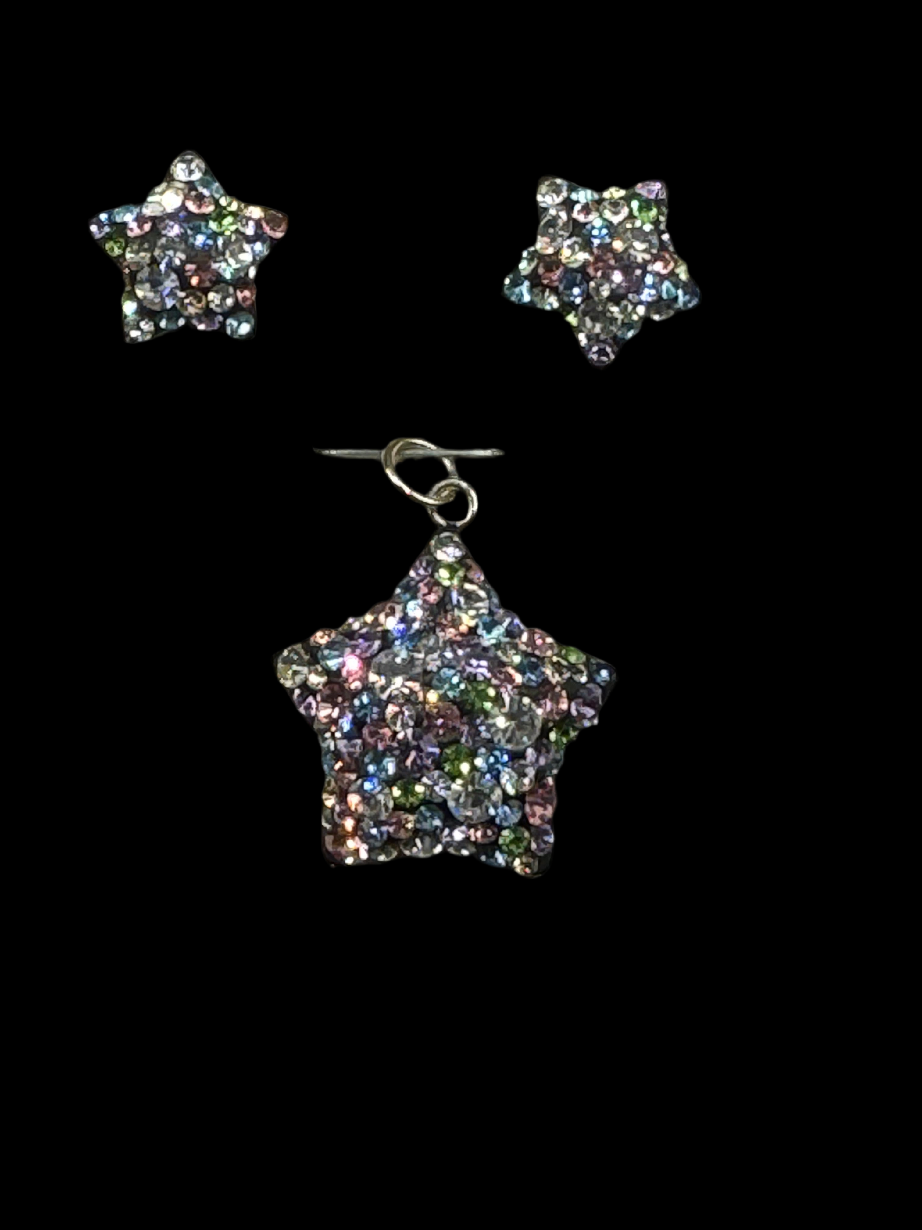 Brilliant crystals dark iridescent Star Pendant & Earrings .