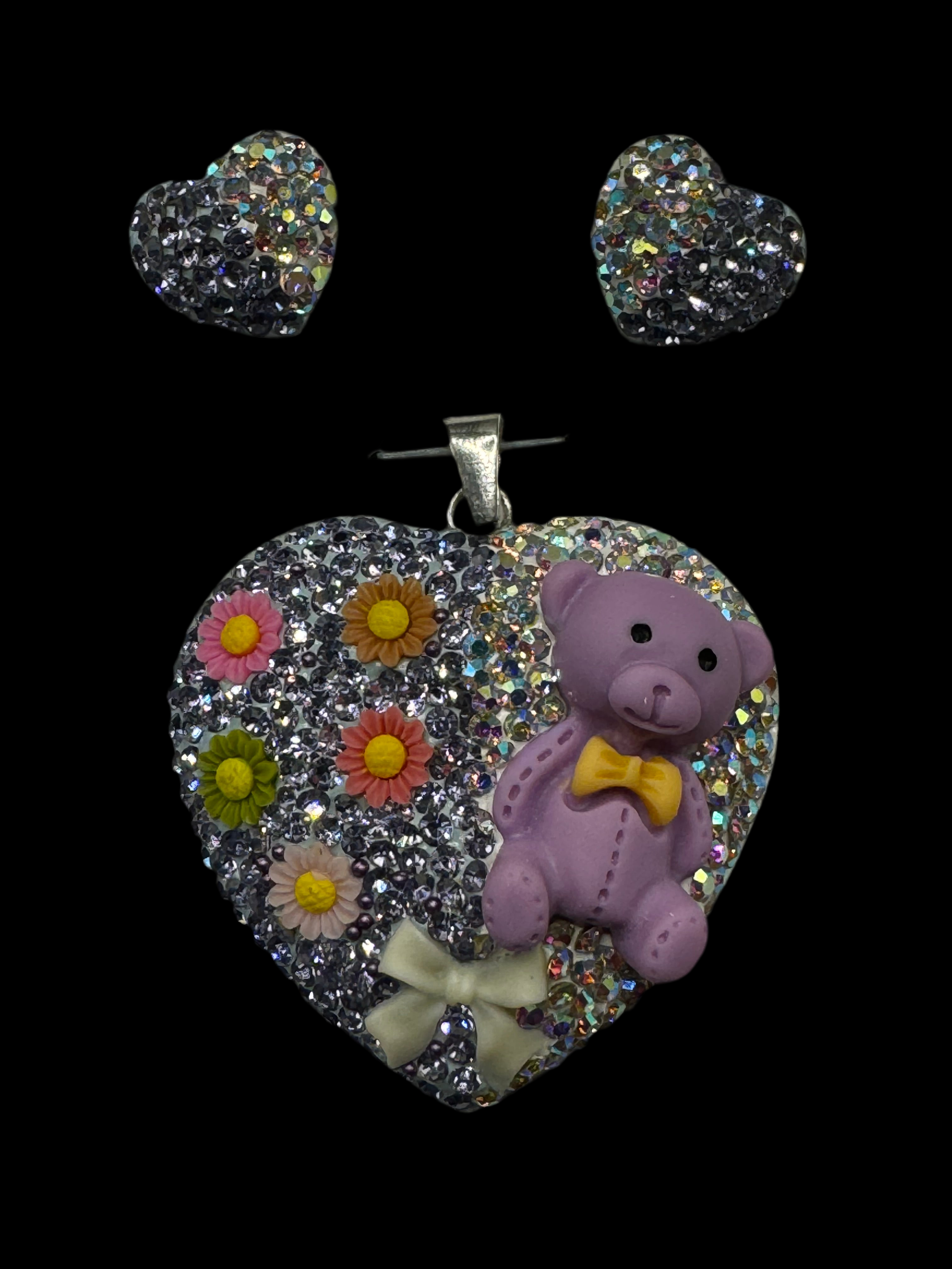 Teddy bear Heart Pendant & Earrings . Lavender crystals .