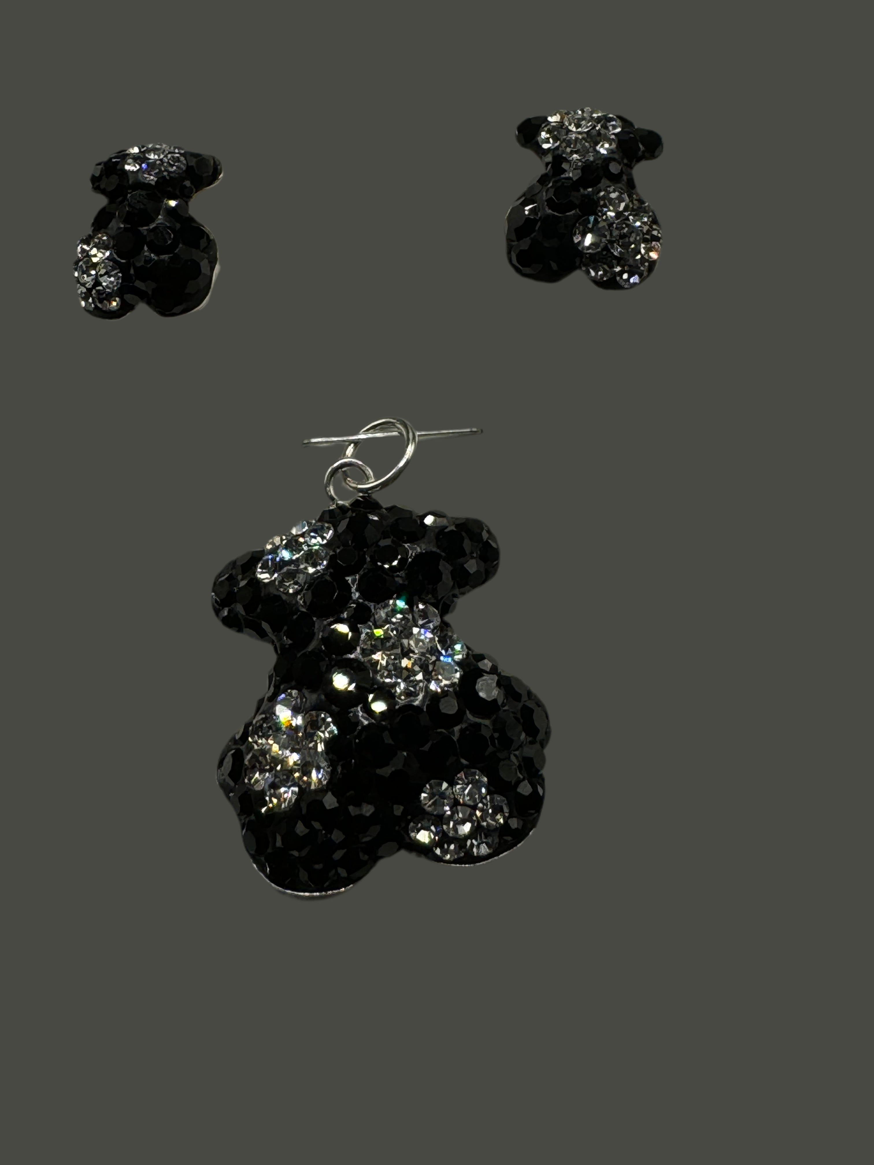 Teddy Bear Pendant & Earrings in black and iridescent crystals .