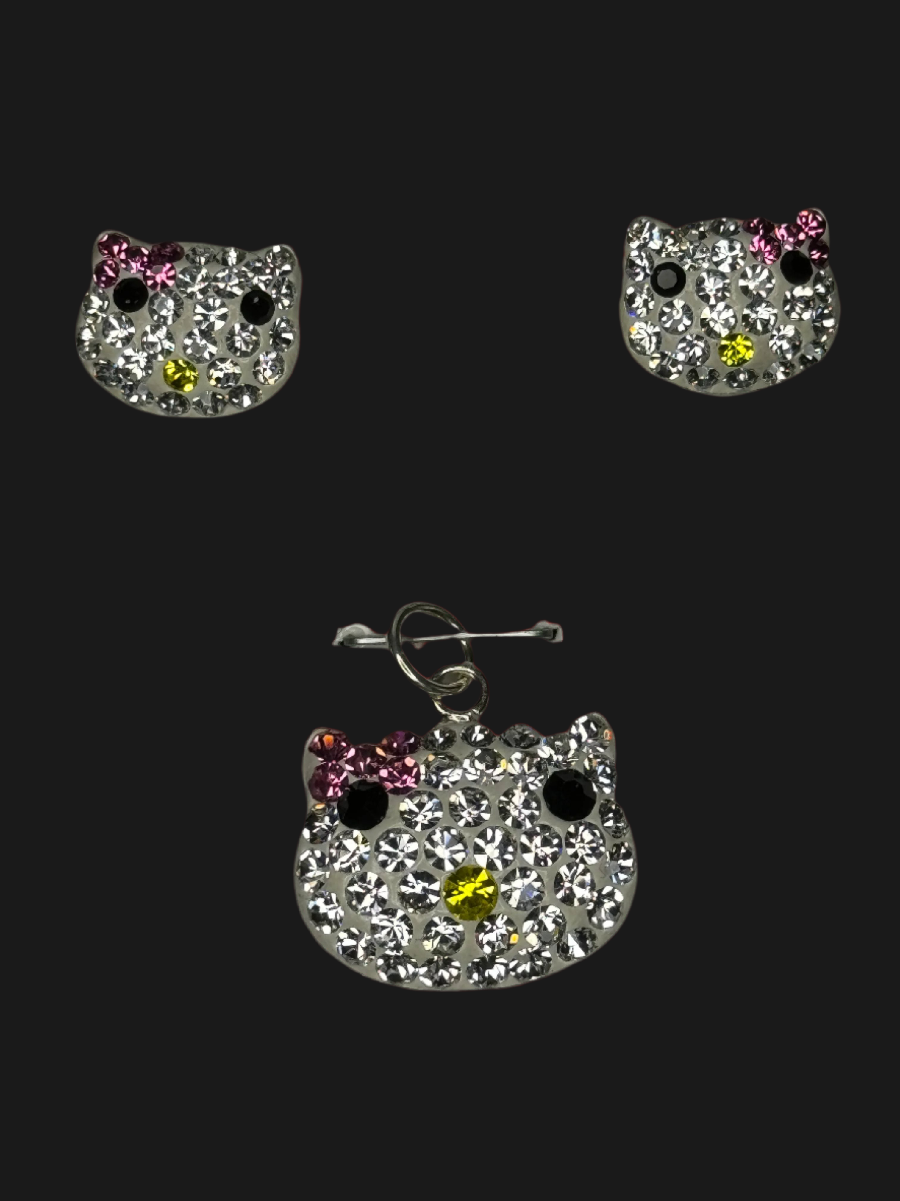 Iridescent crystals Kitty Pendant & Earrings .