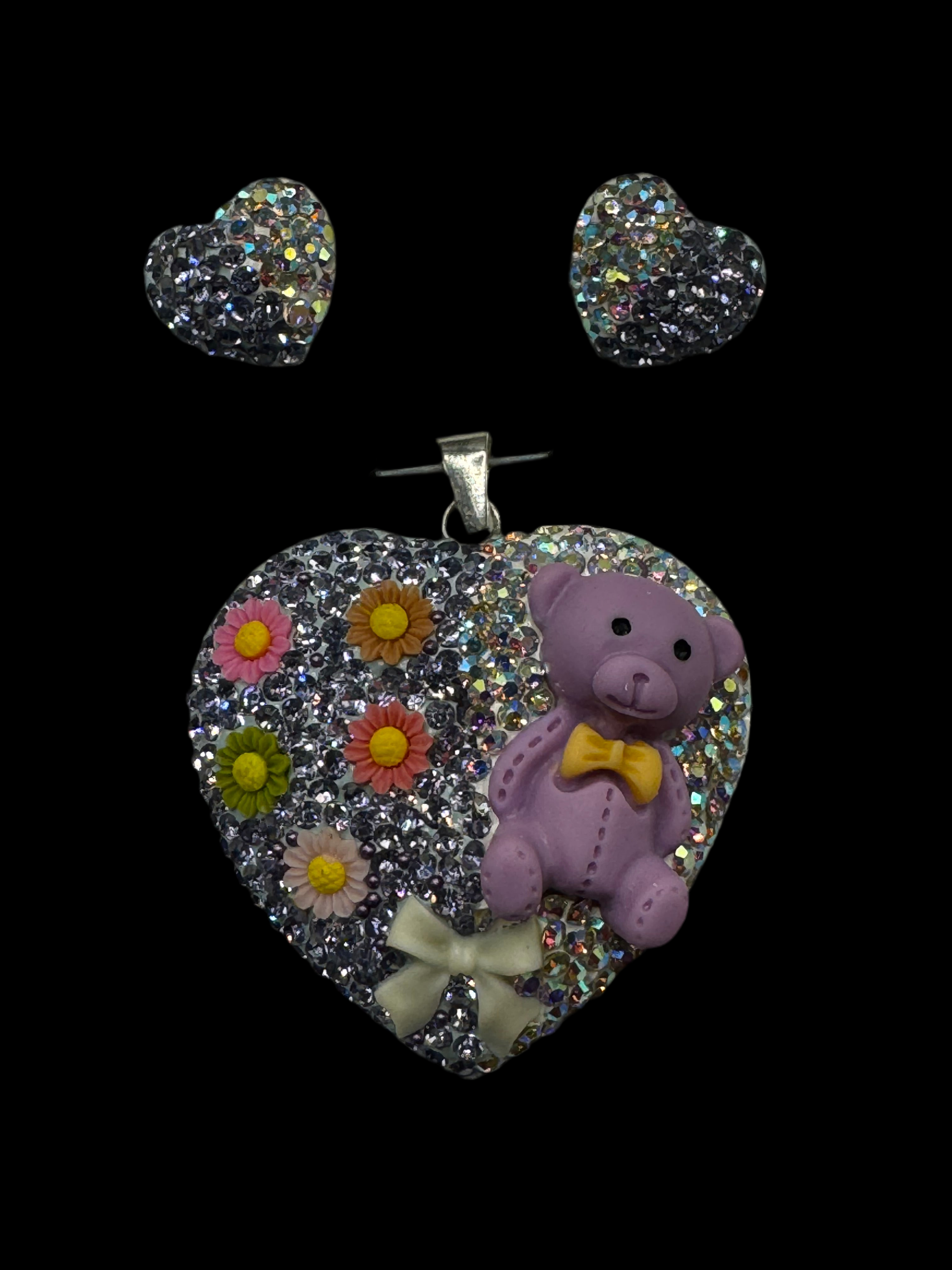 Teddy bear Heart Pendant & Earrings . Lavender crystals .