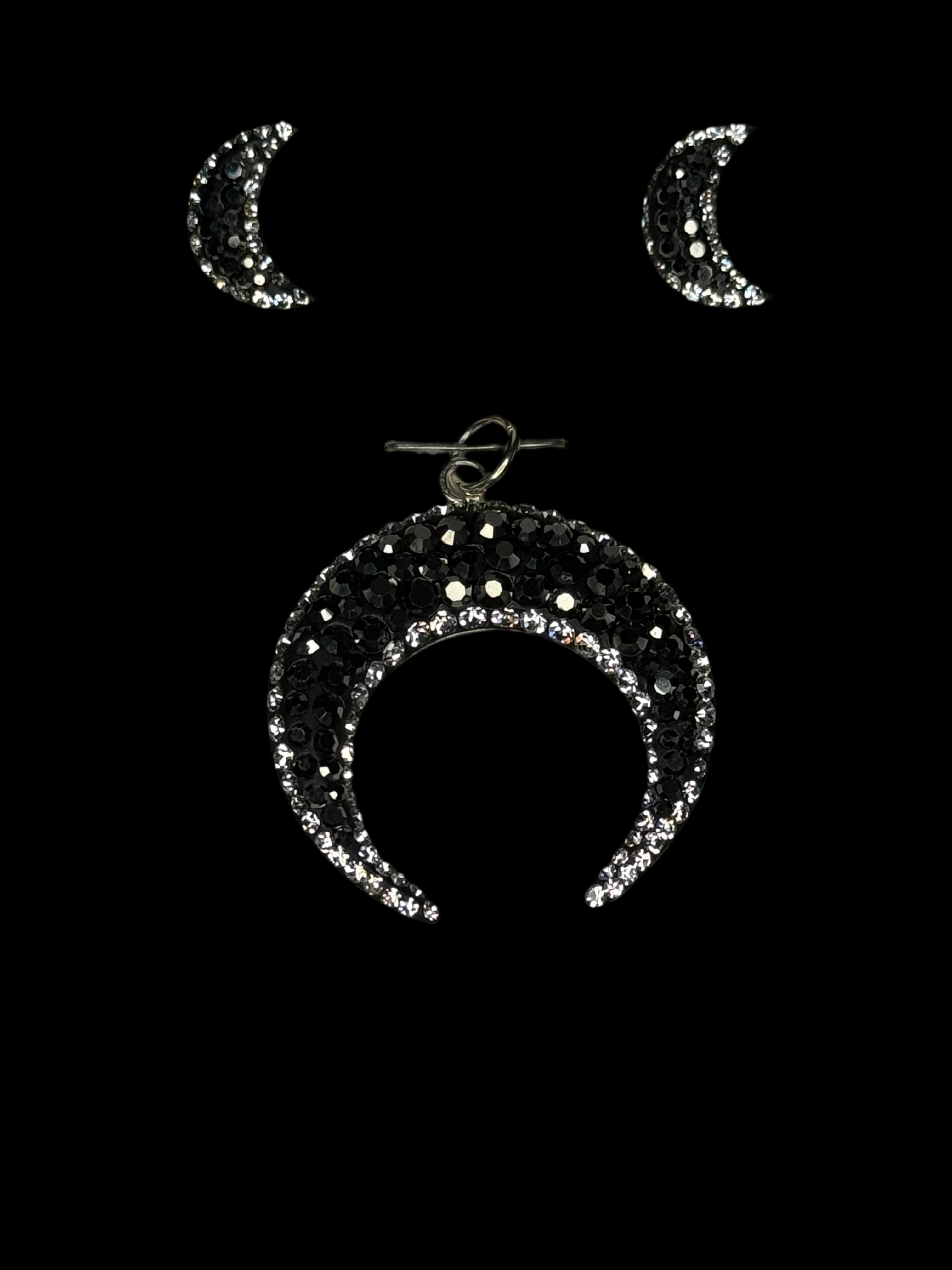 Cresent Pendant & Earings in black crystals.