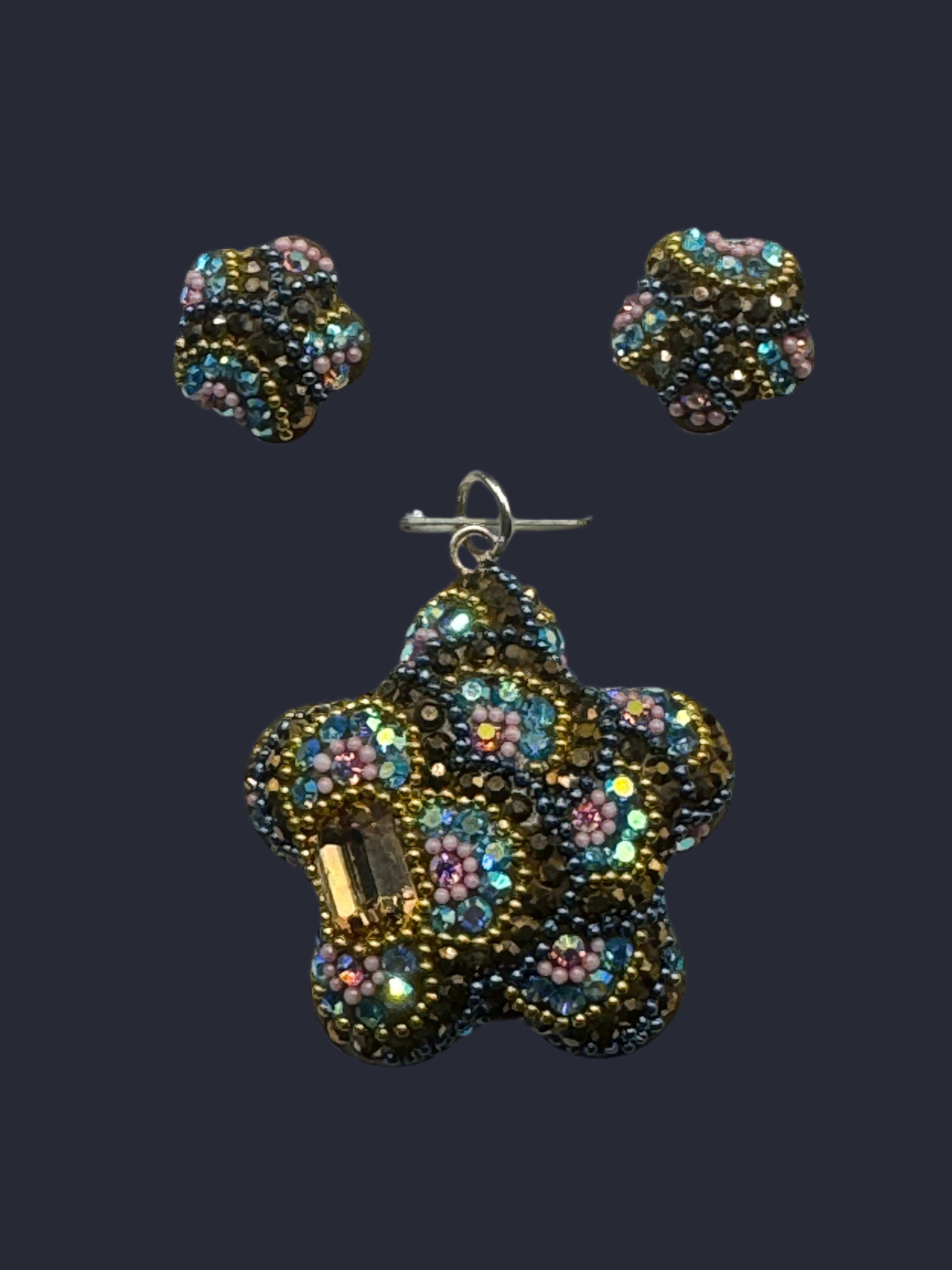 Star Shell Pendant & Earrings in blue crystals .