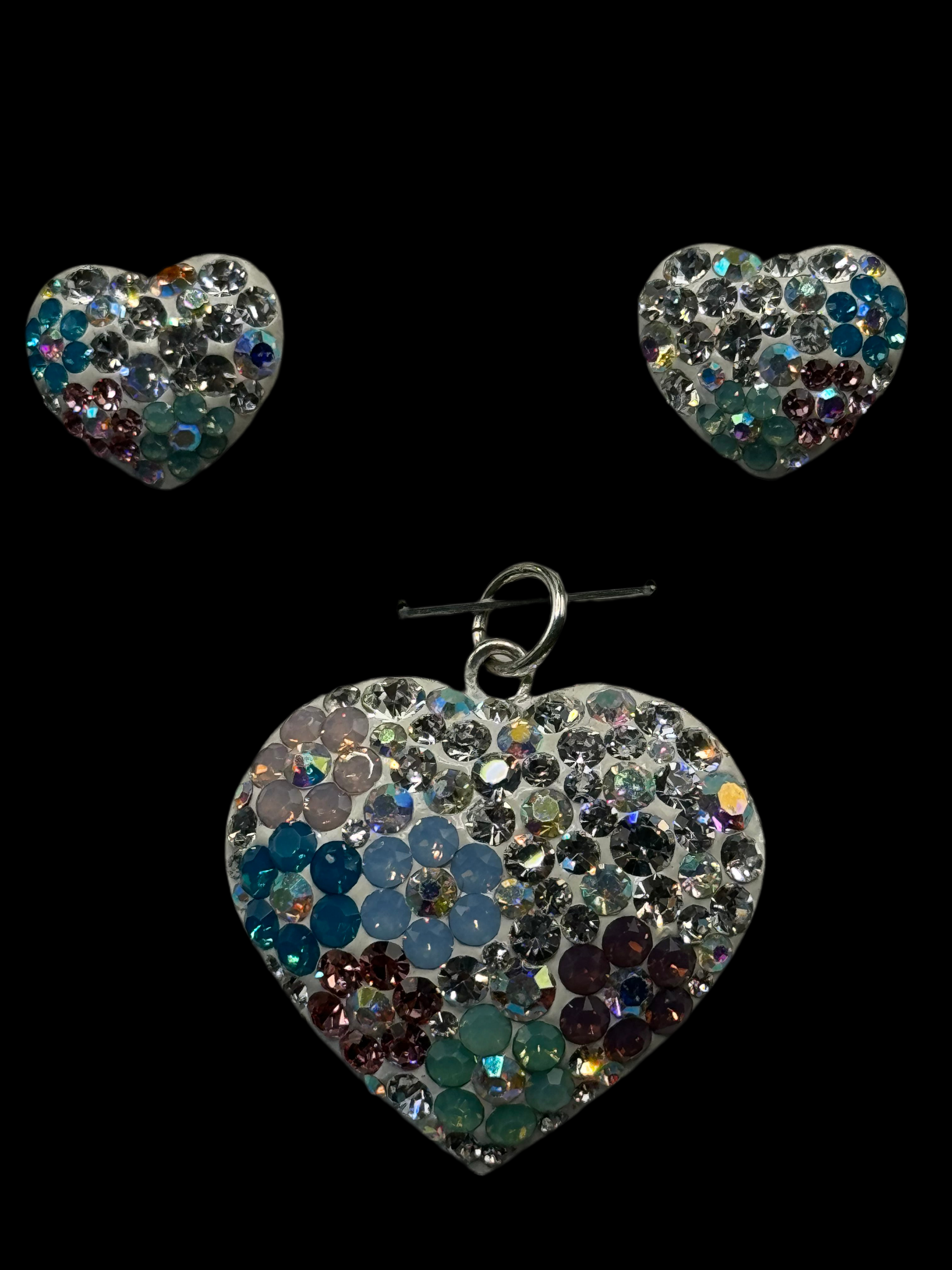 Heart Floral Pendant & Earrings in lite iridescent crystals .