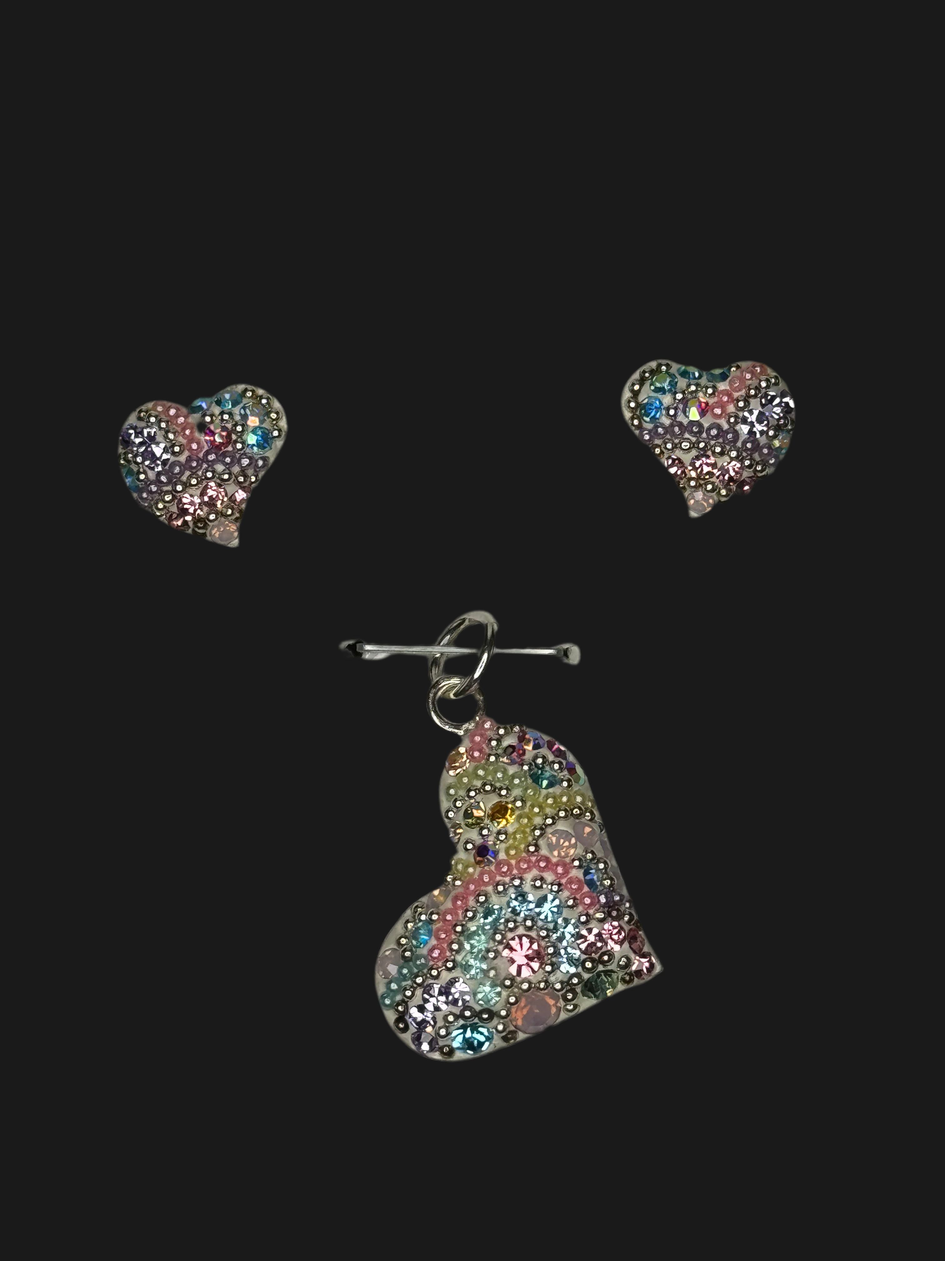 Crystal multi color Heart Pendant & Earrings . Sterling Silver .