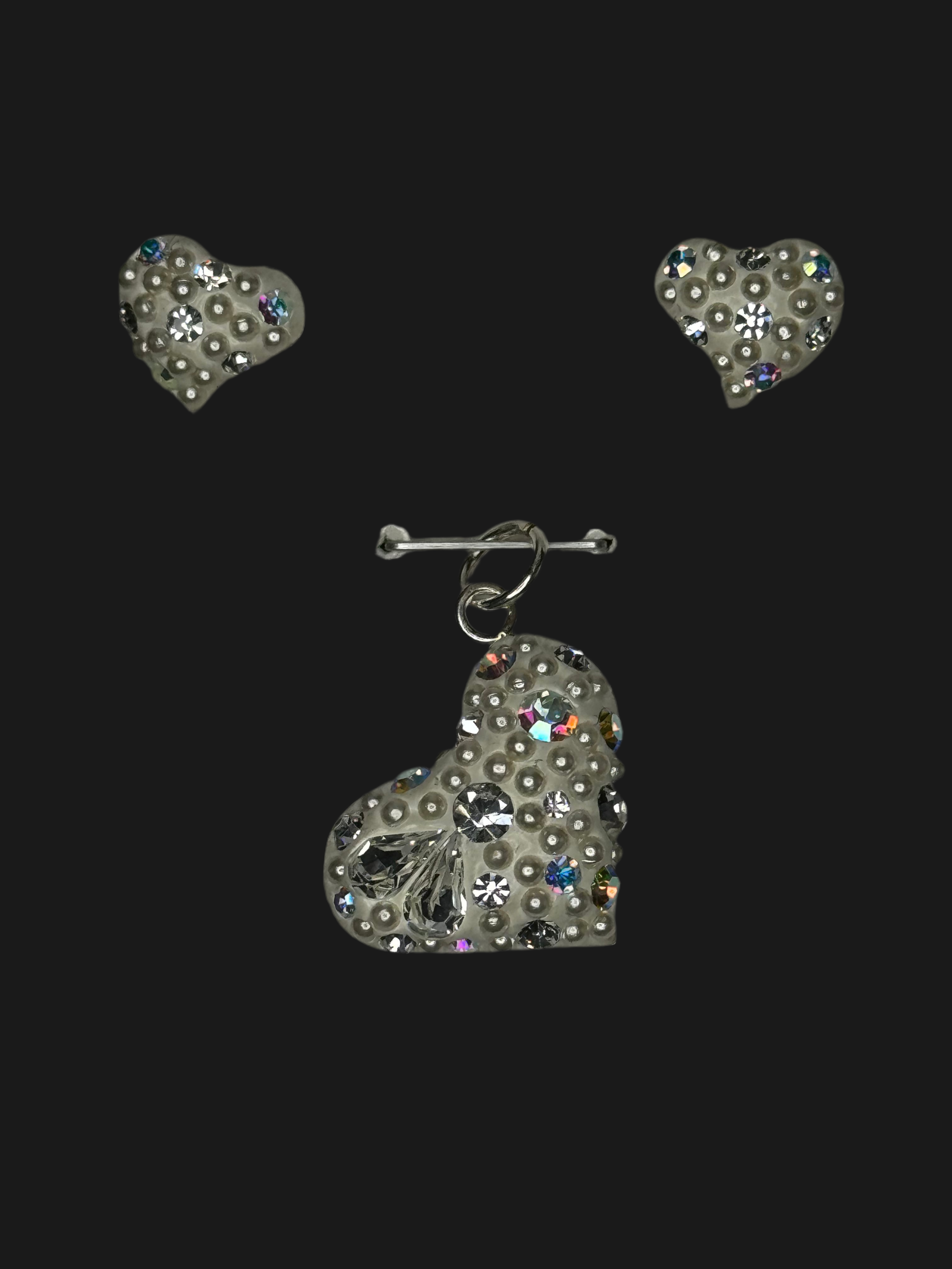 Iridescent Crystals Heart Pendant & Earrings .  Petite.