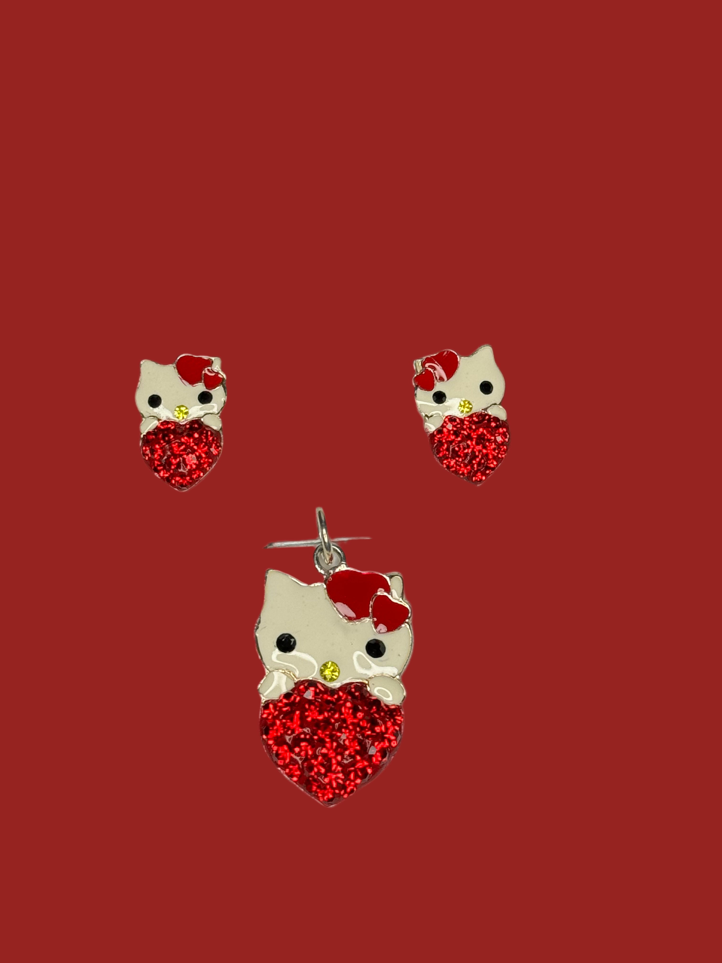 Red crystals Kitty & Heart Pendant & Earrings .