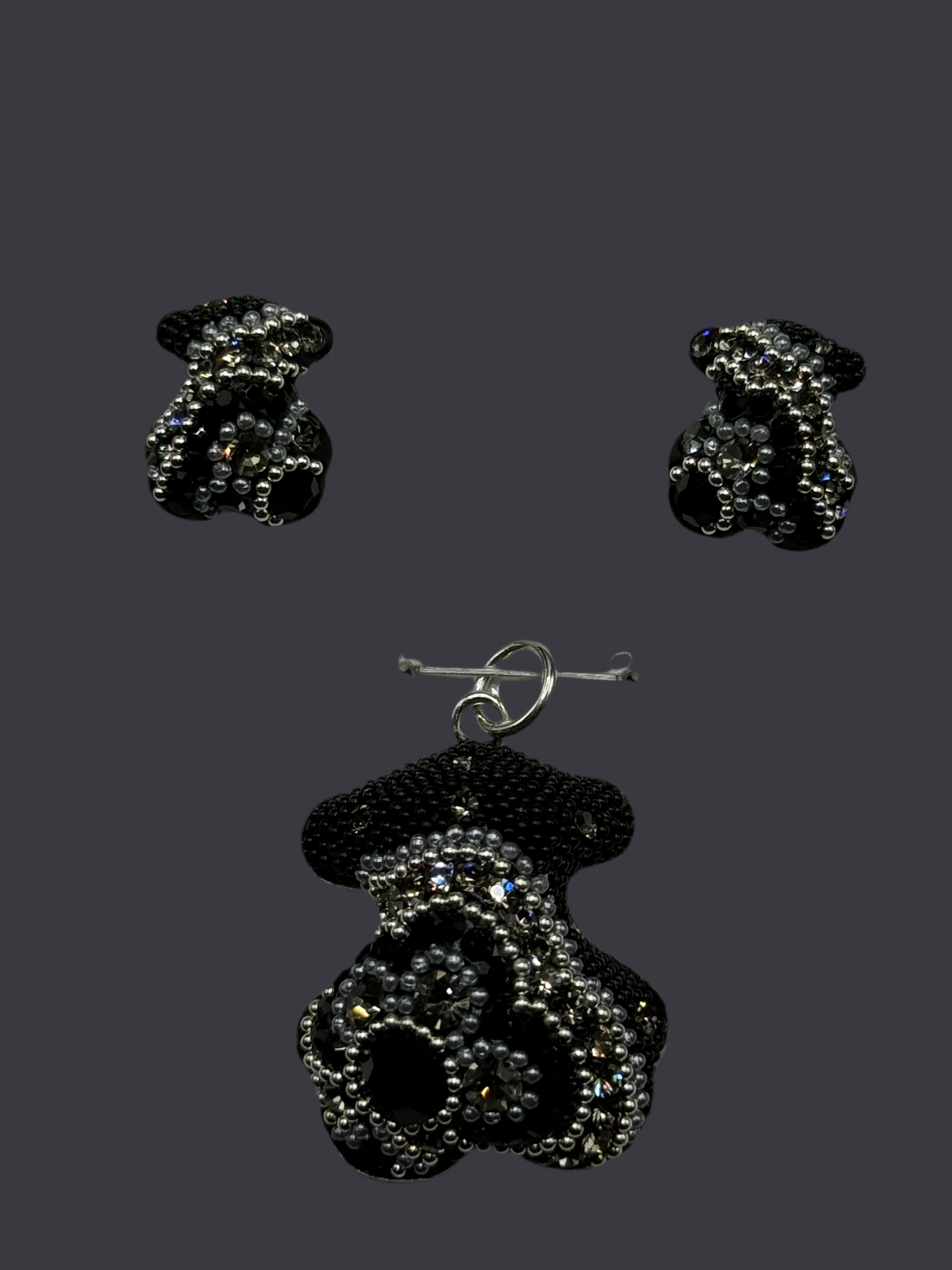 Teddy Bear Pendant & Earrings in black crystals.