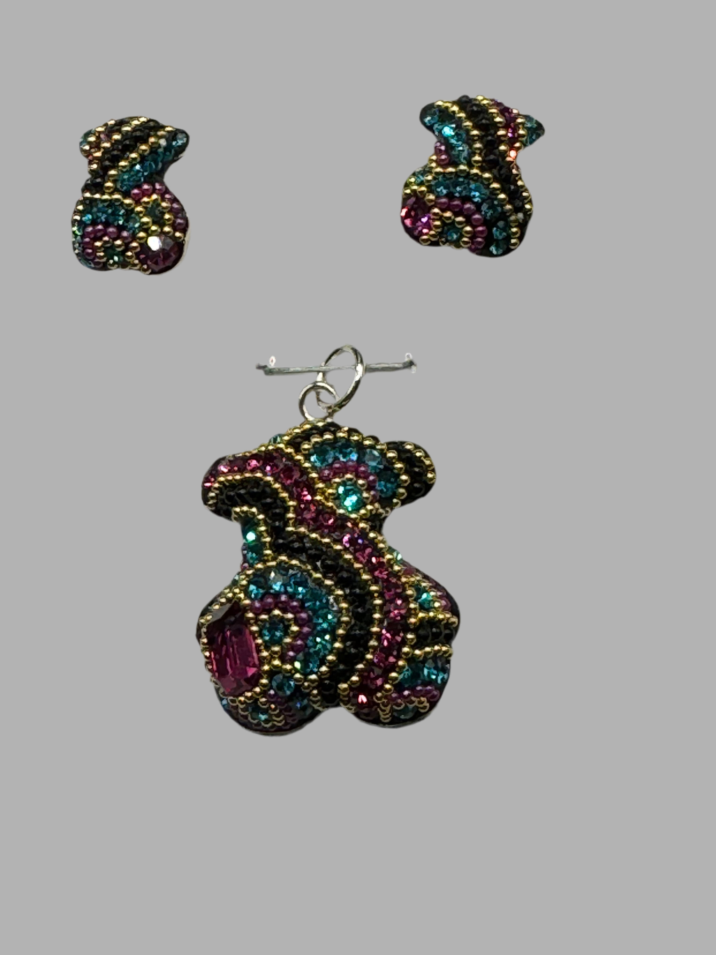 Teddy Bear Pendant & Earrings in black and gold crystals.