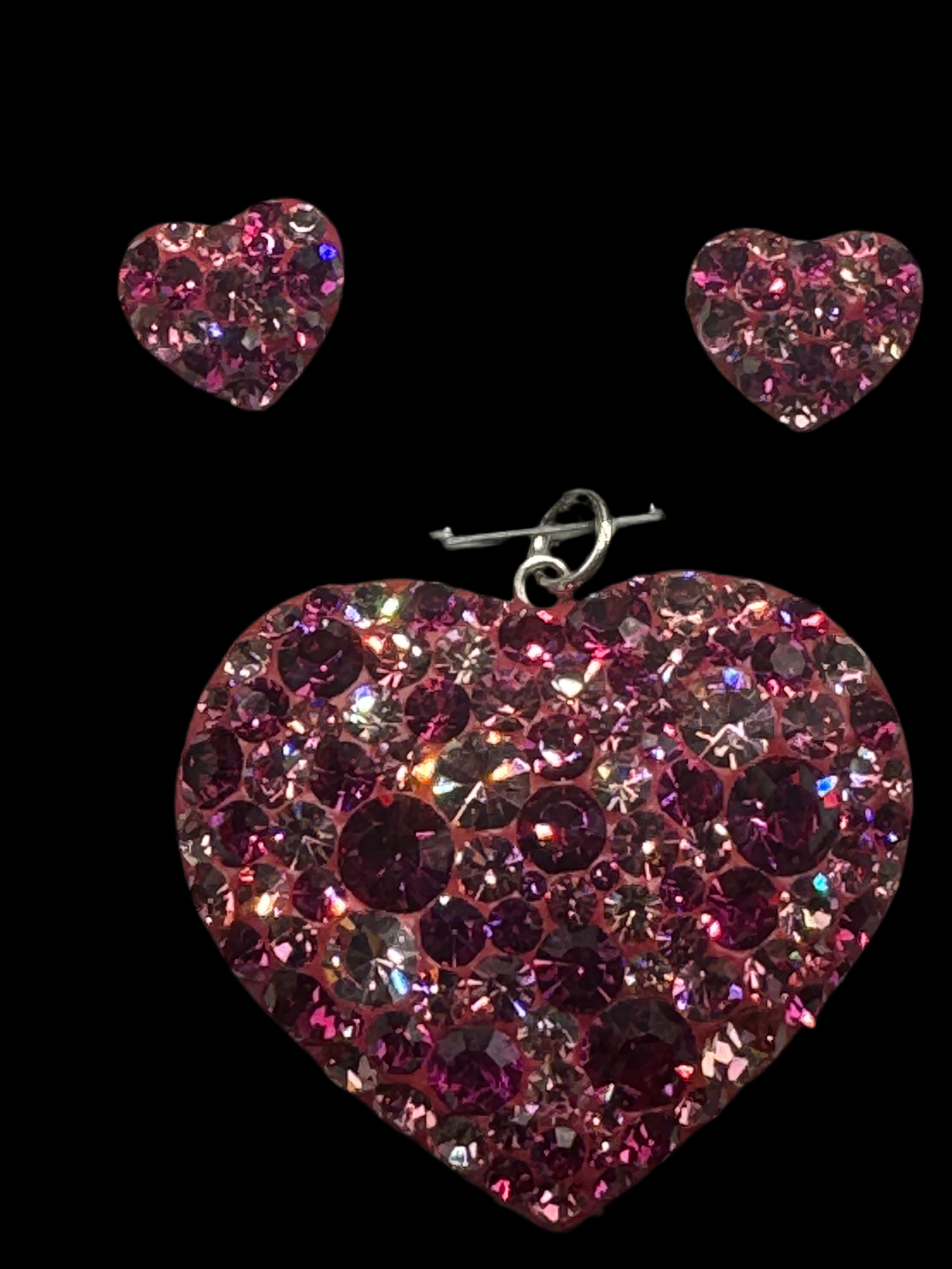 Deep Fucshia  crystals  Heart Pendant & Earrings.