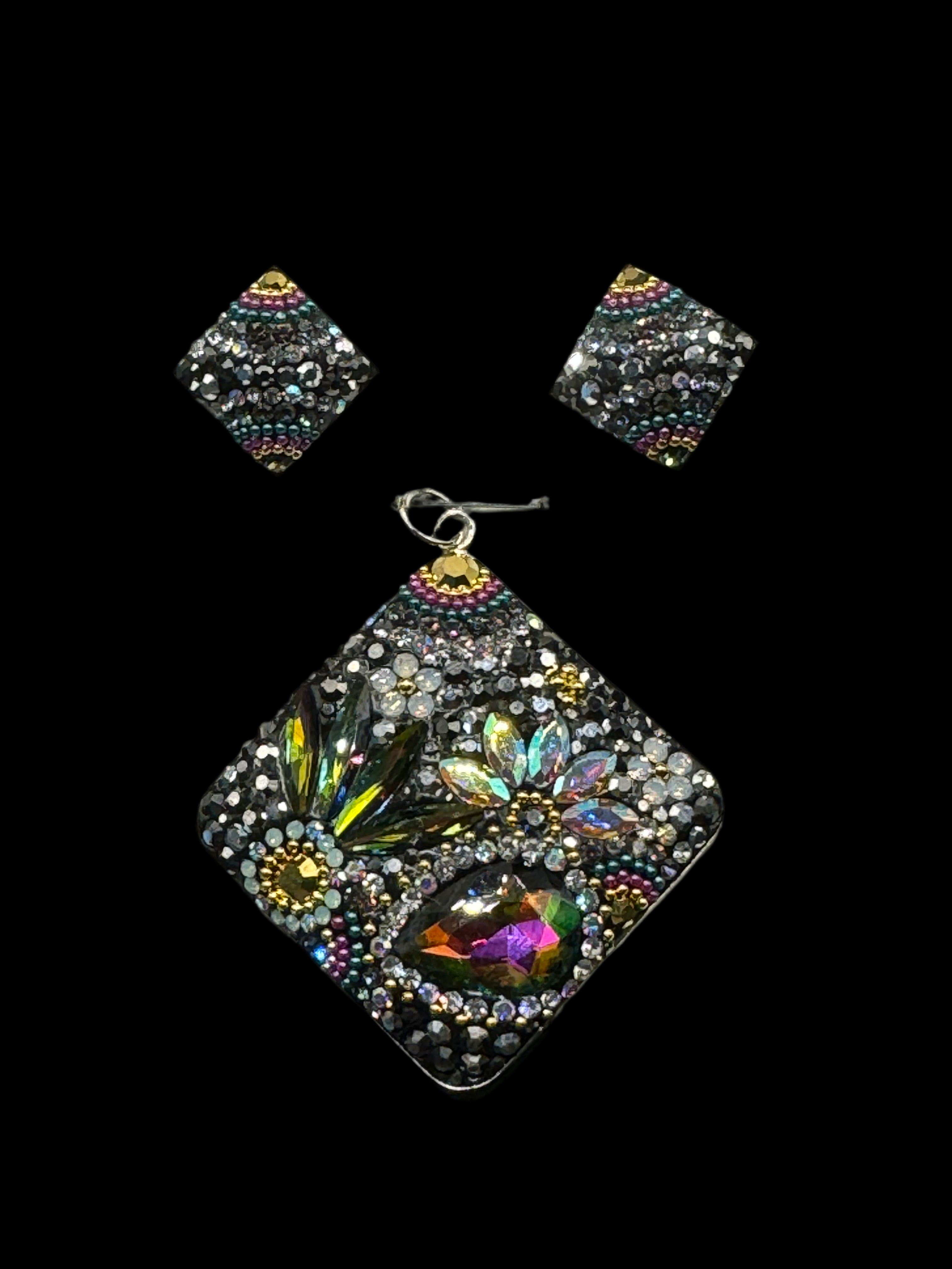 Square Pendant & Earrings in multi color crystals .