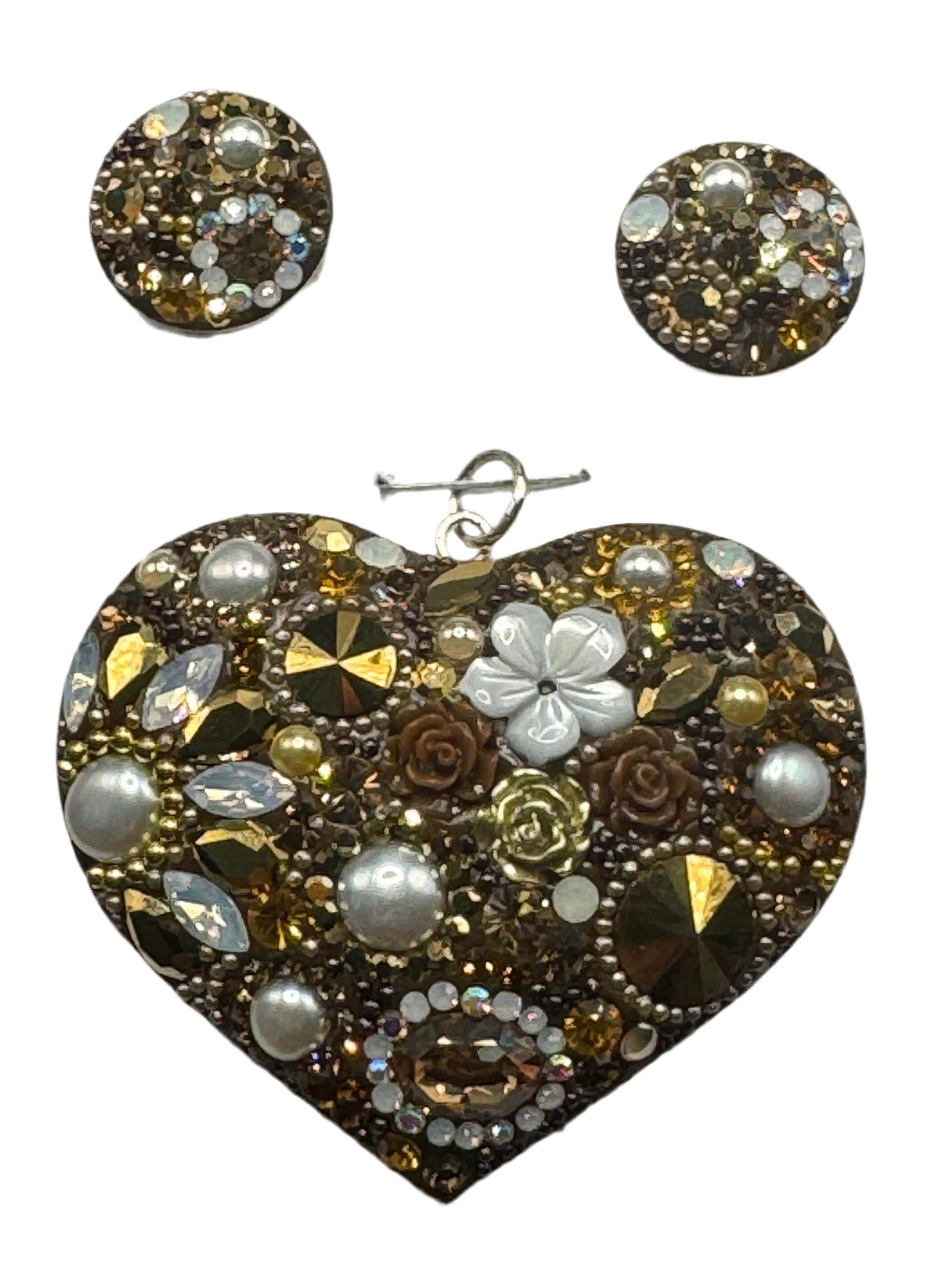 Gold crystal & peal floral Heart Pendant & Earrings .