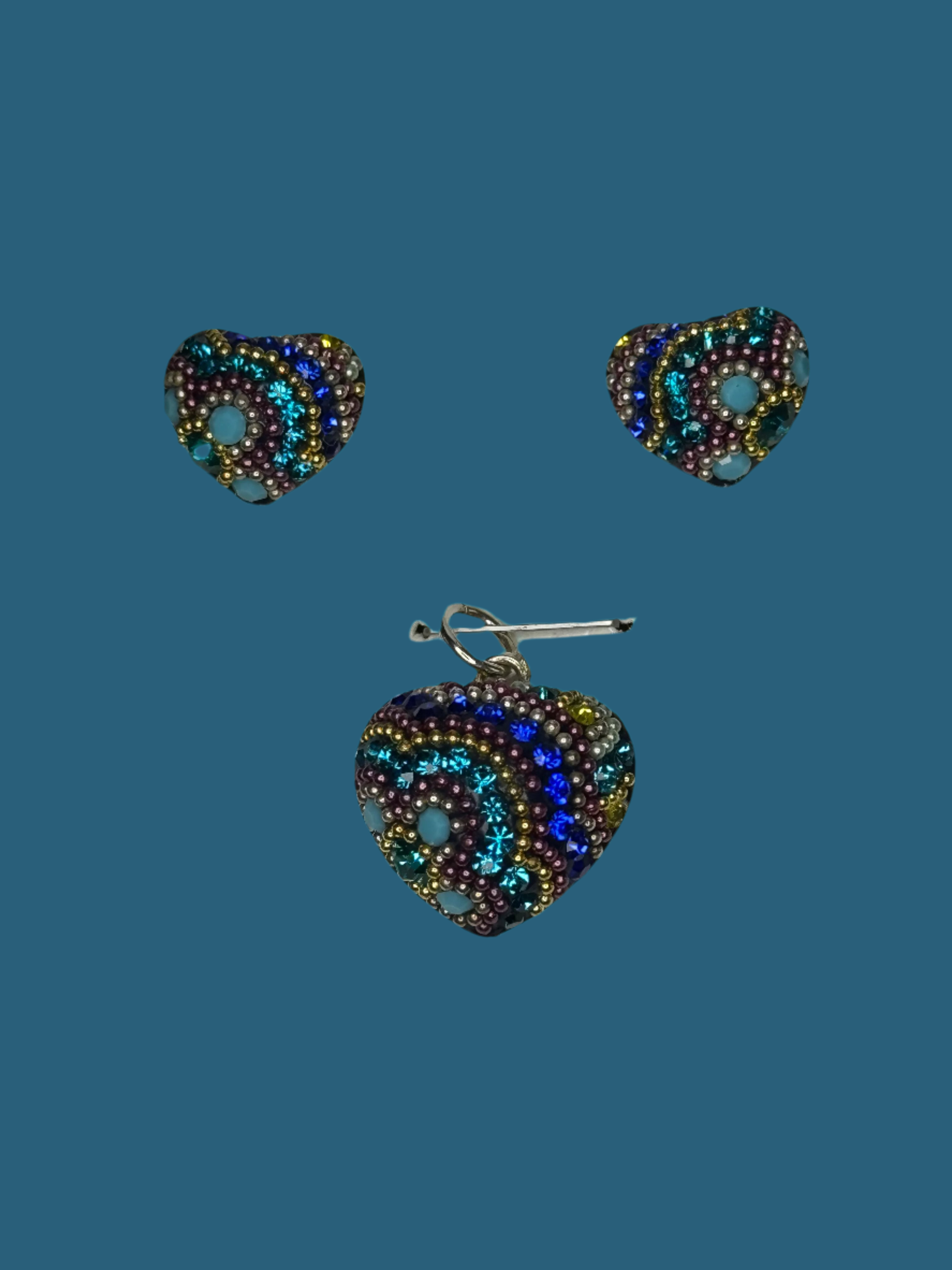 Multi color Crystals Heart Pendant & Earrings .