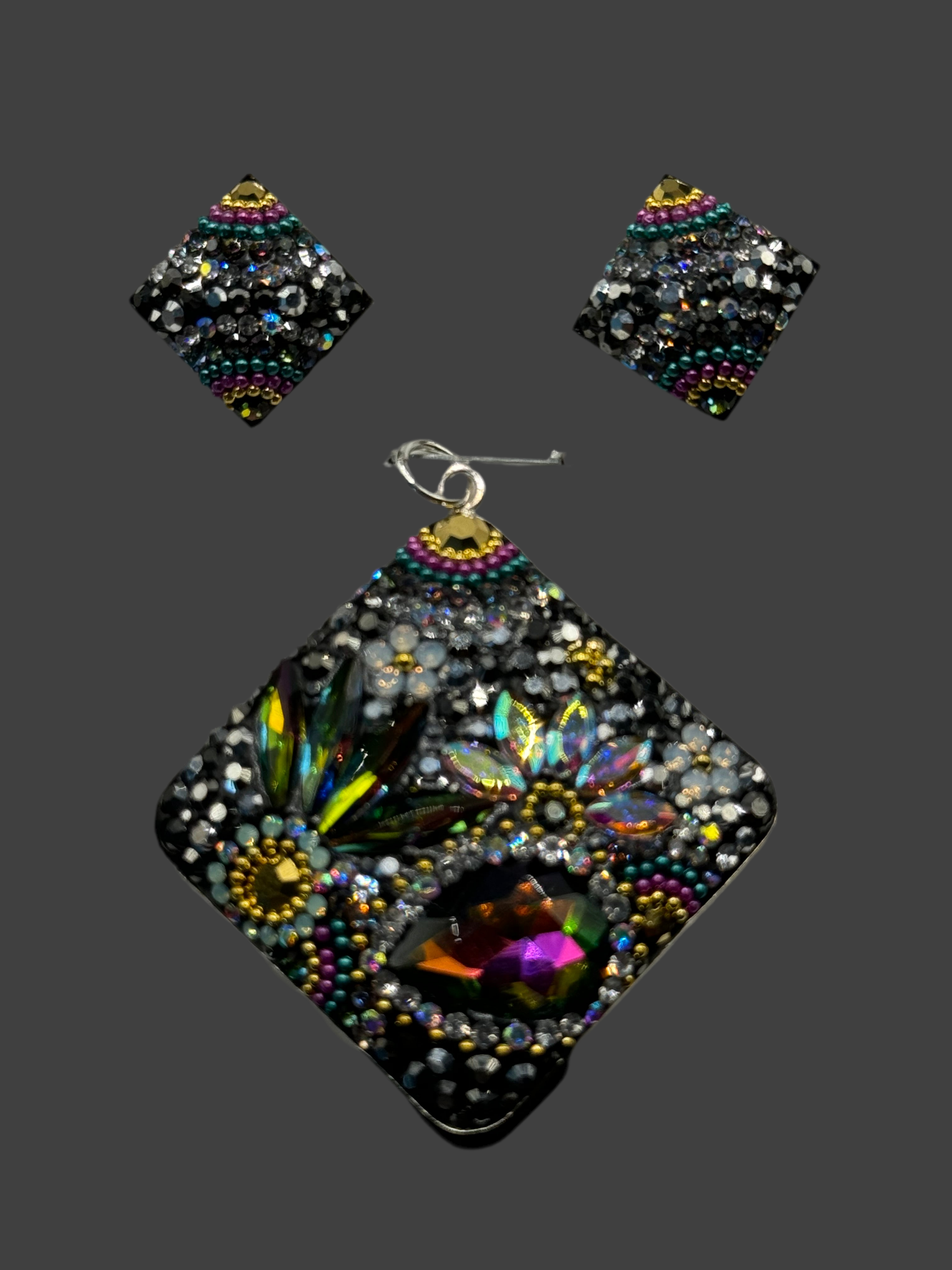 Square Pendant & Earrings in multi color crystals .