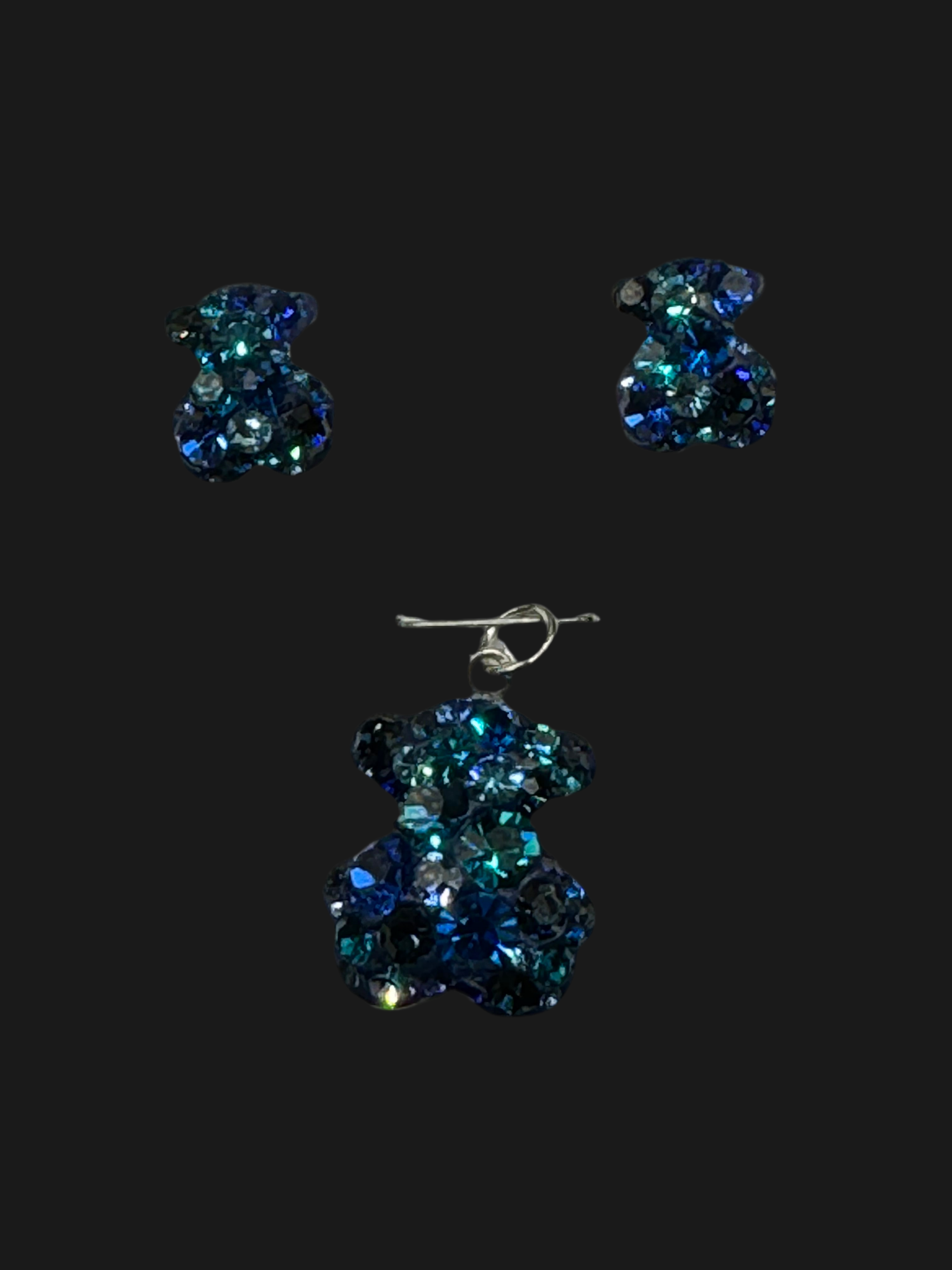 Teddy Bear Pendant & Earrings in Cobalt blue crystals .