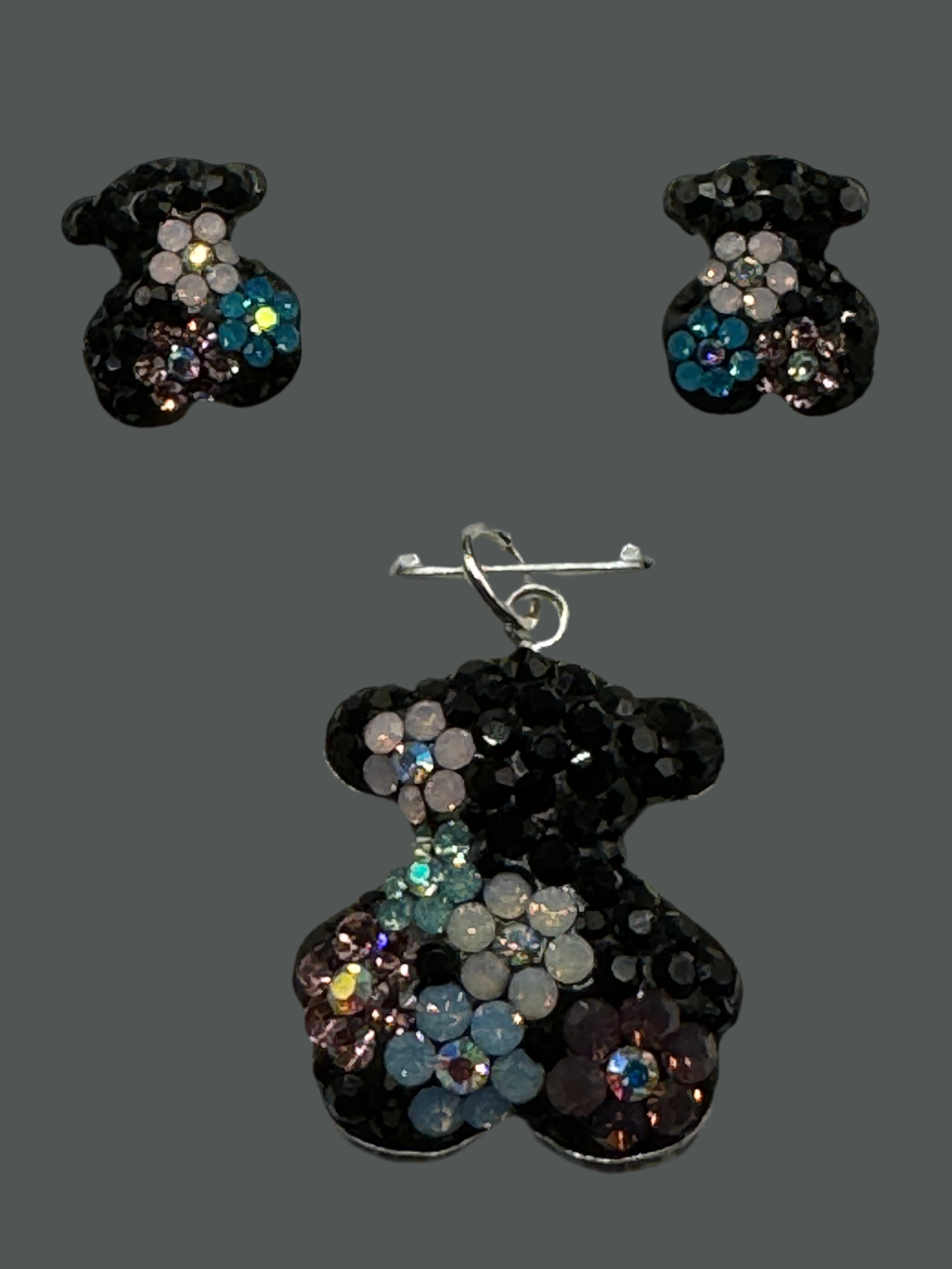 Teddy Bear Pendant & Earrings in blue flowers crystals .