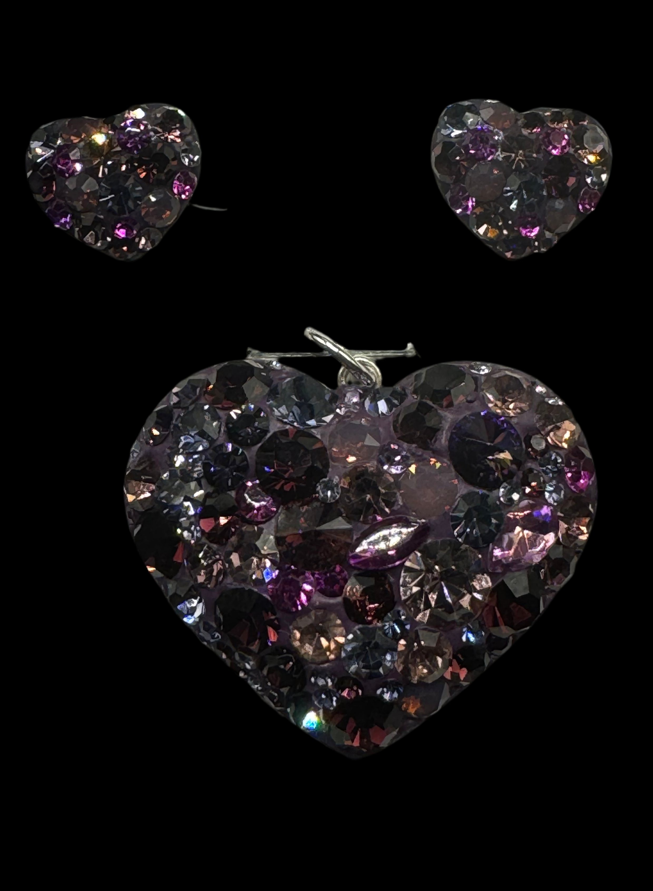 Heart Pendant & Earrings in Amethyst . Crystals  , Sterling Silver .