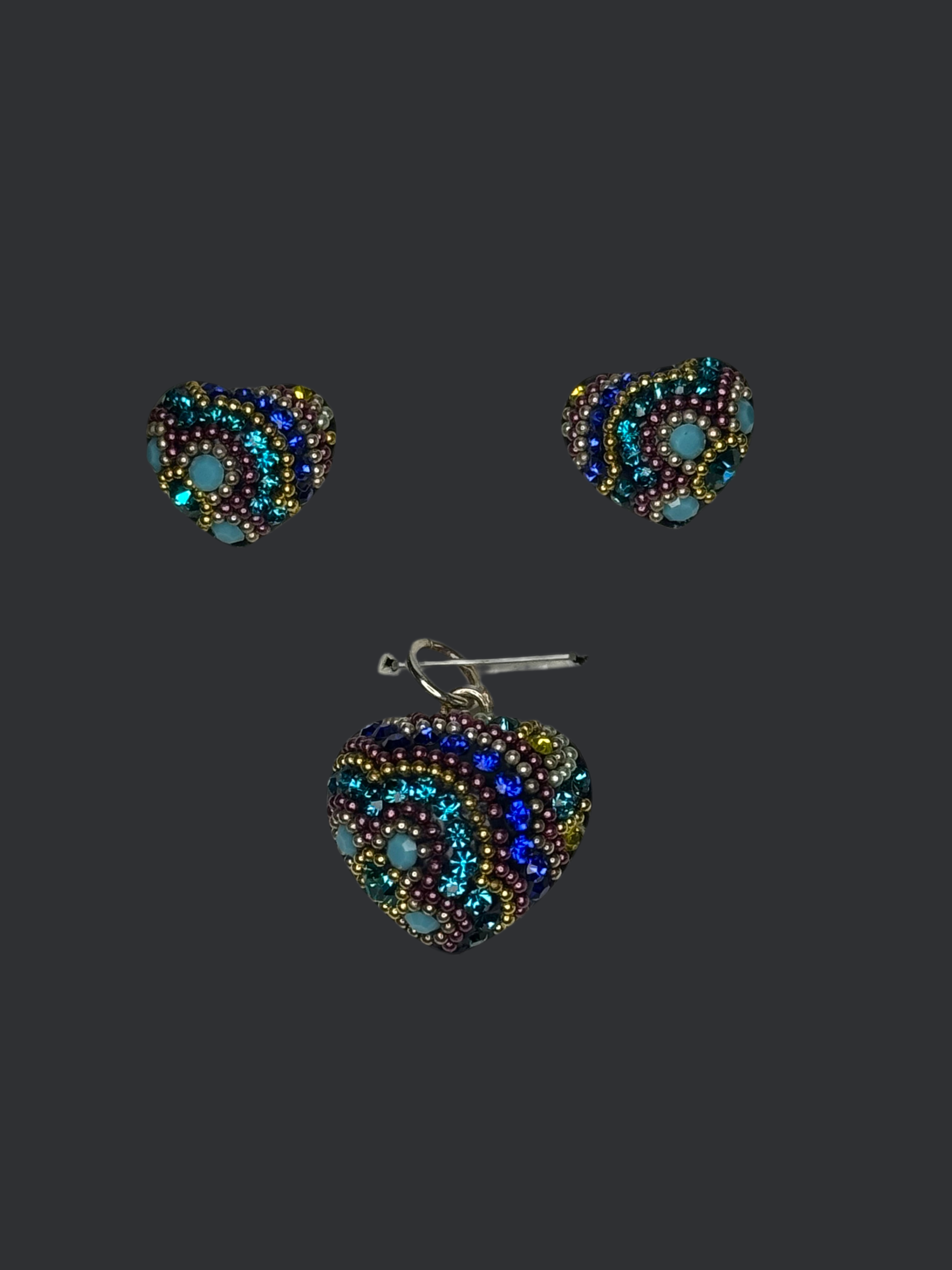 Multi color Crystals Heart Pendant & Earrings .