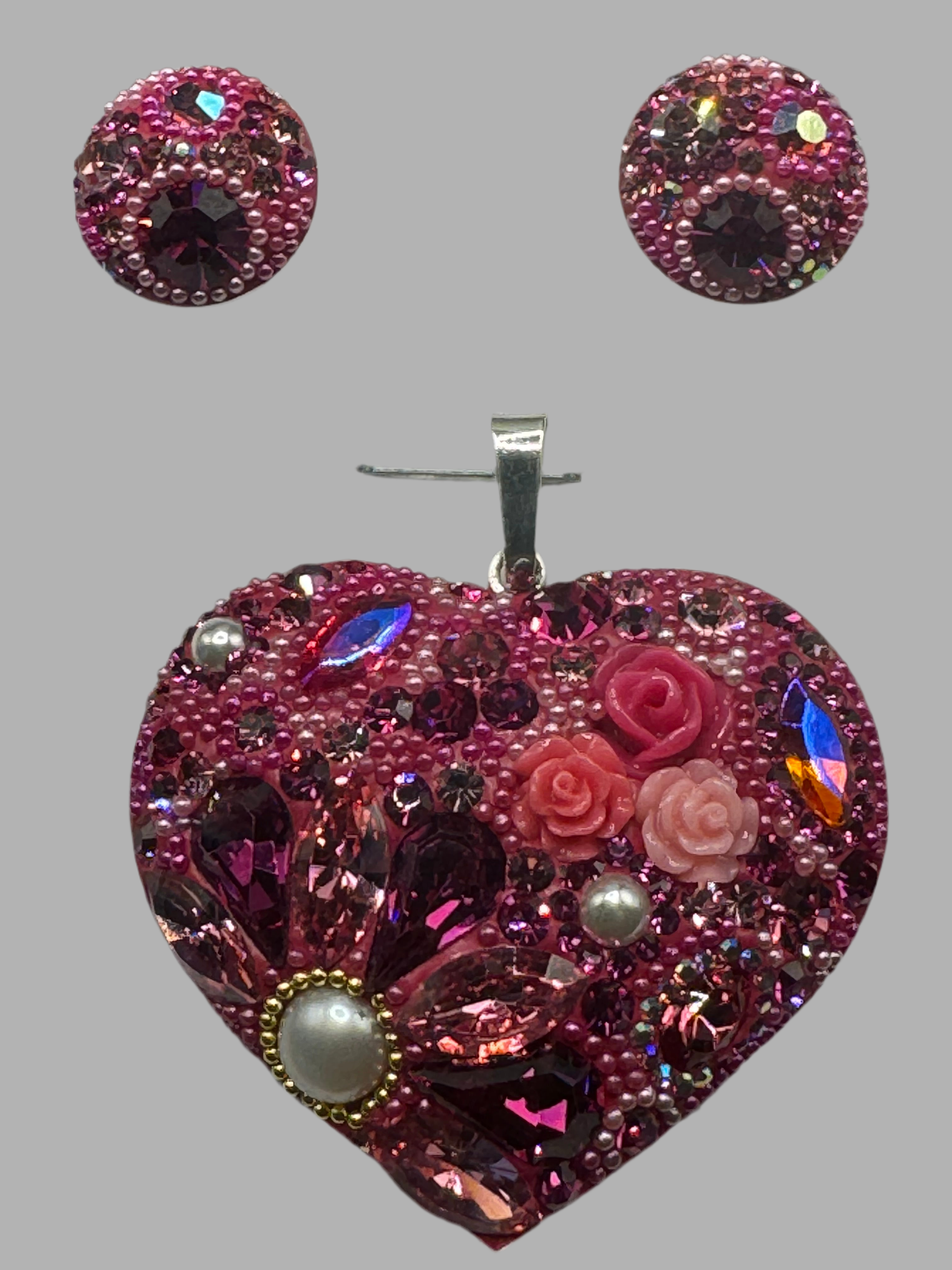 Jeweled Heart Pendant & Earrings in Fuchsia , Crystals , Sterling Silver .