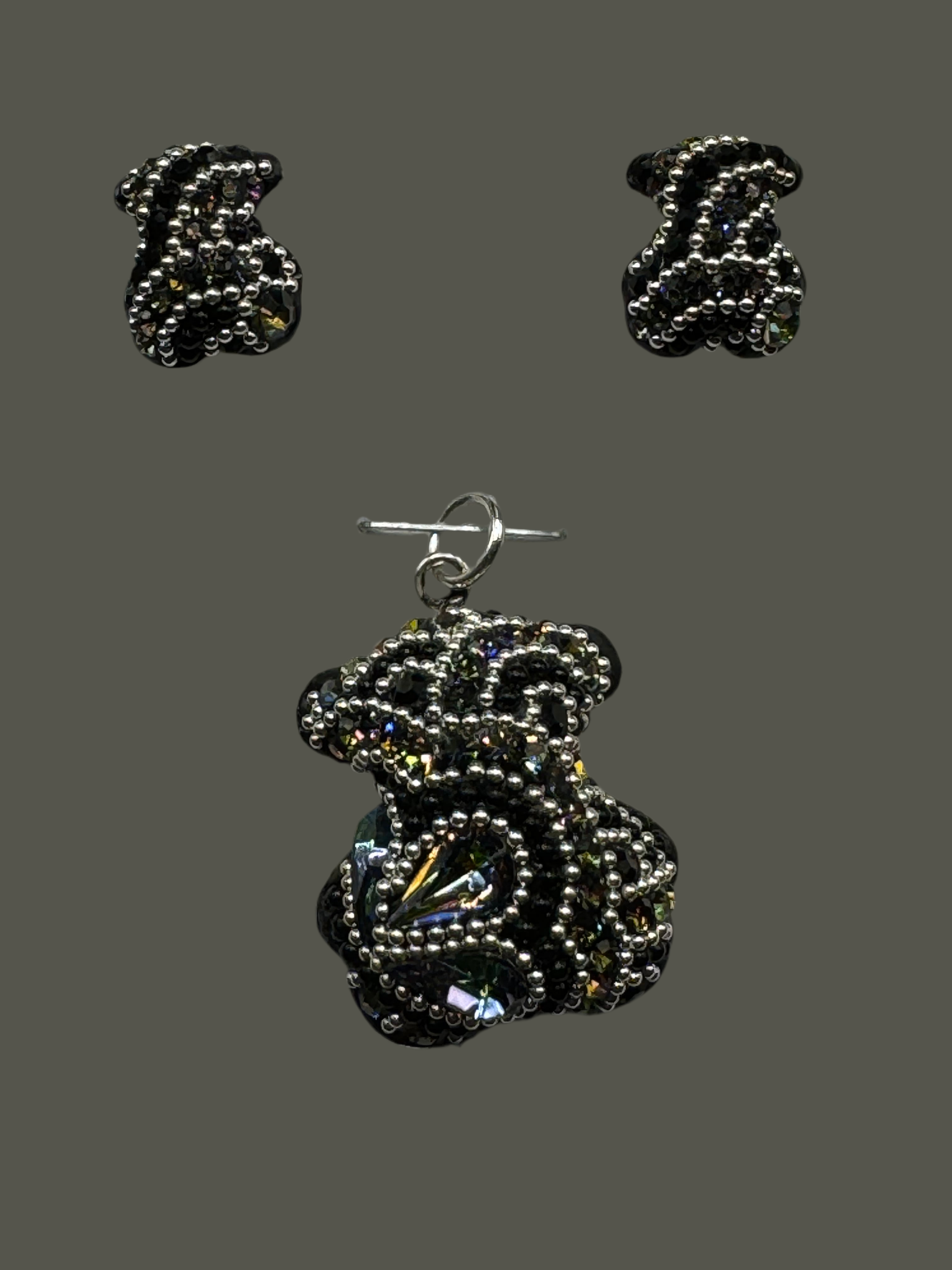 Teddy Bear Pendant & Earrings in black crystals .