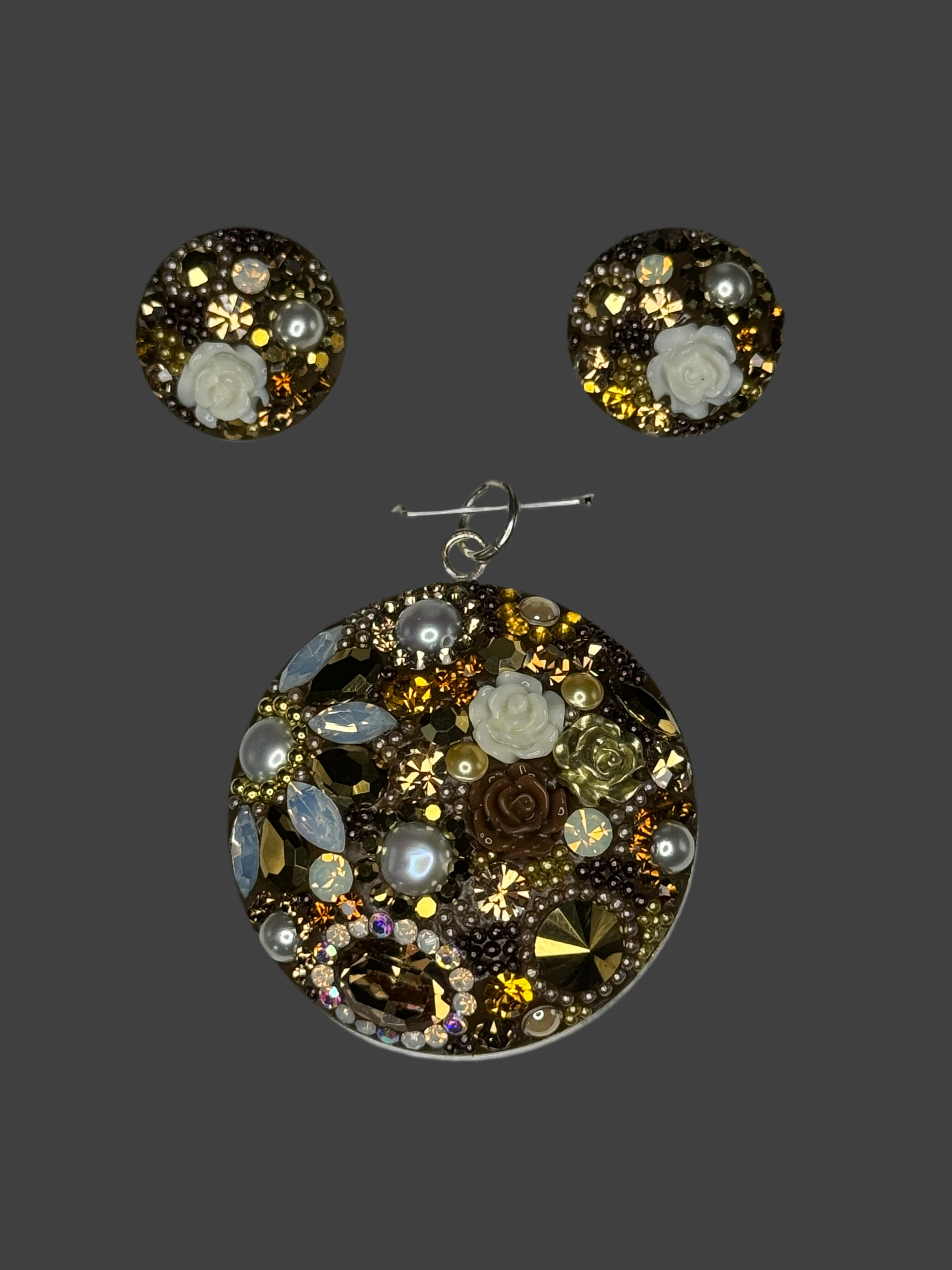 Medallion Circle Pendant & Earrings with Floral in gold crystals.