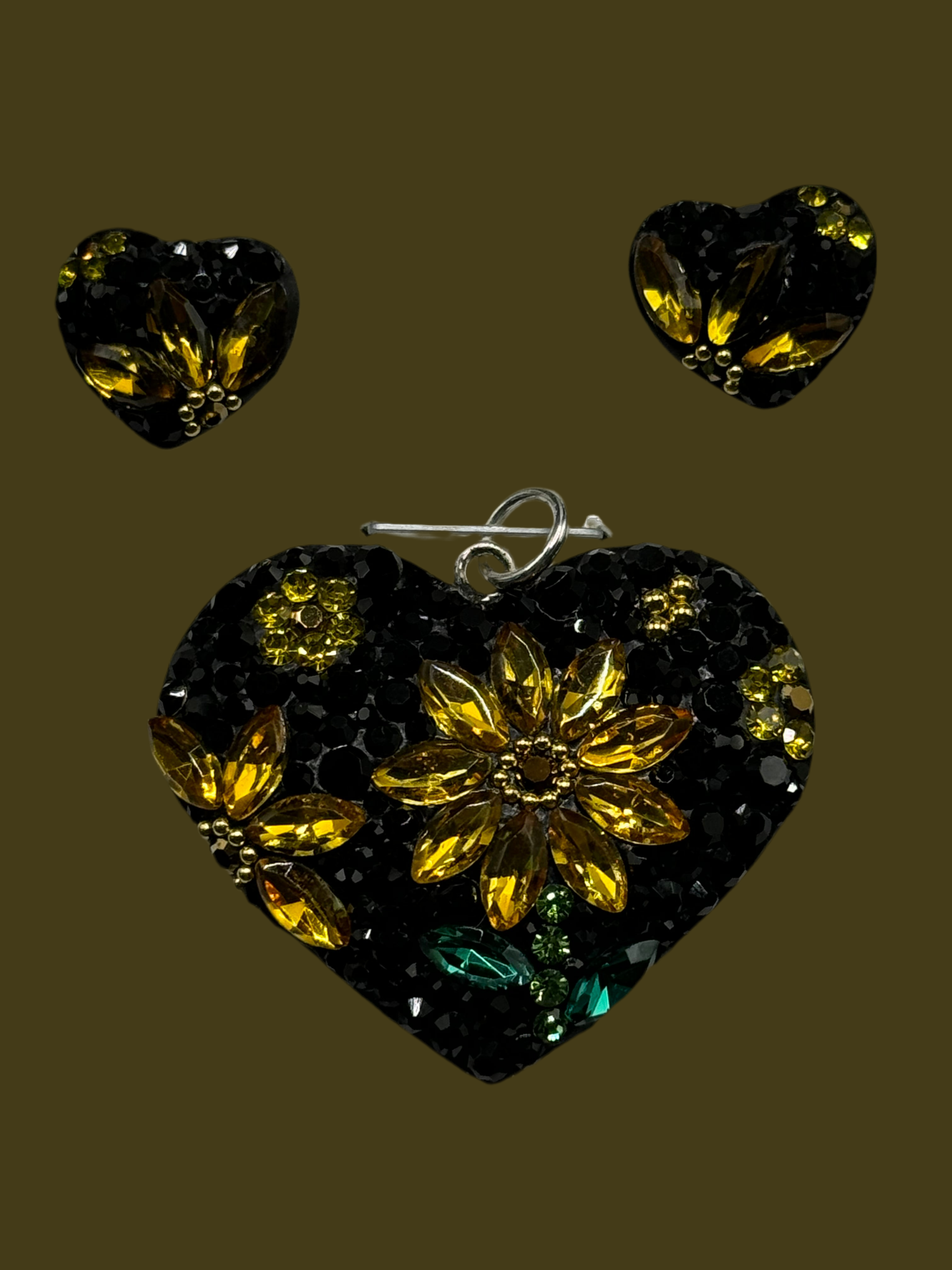 Heart Sunflowers Pendant & Earrings in yellow& black crystals .