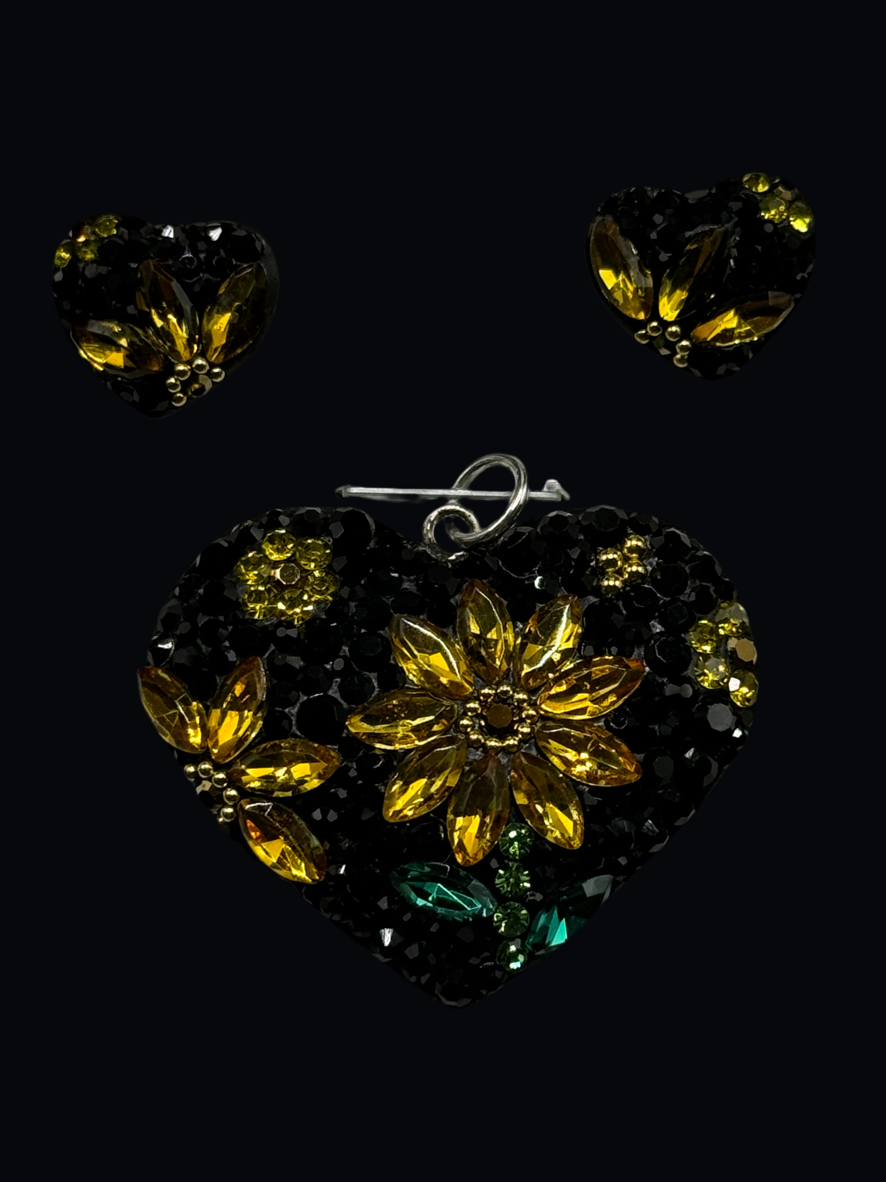 Heart Sunflowers Pendant & Earrings in yellow& black crystals .