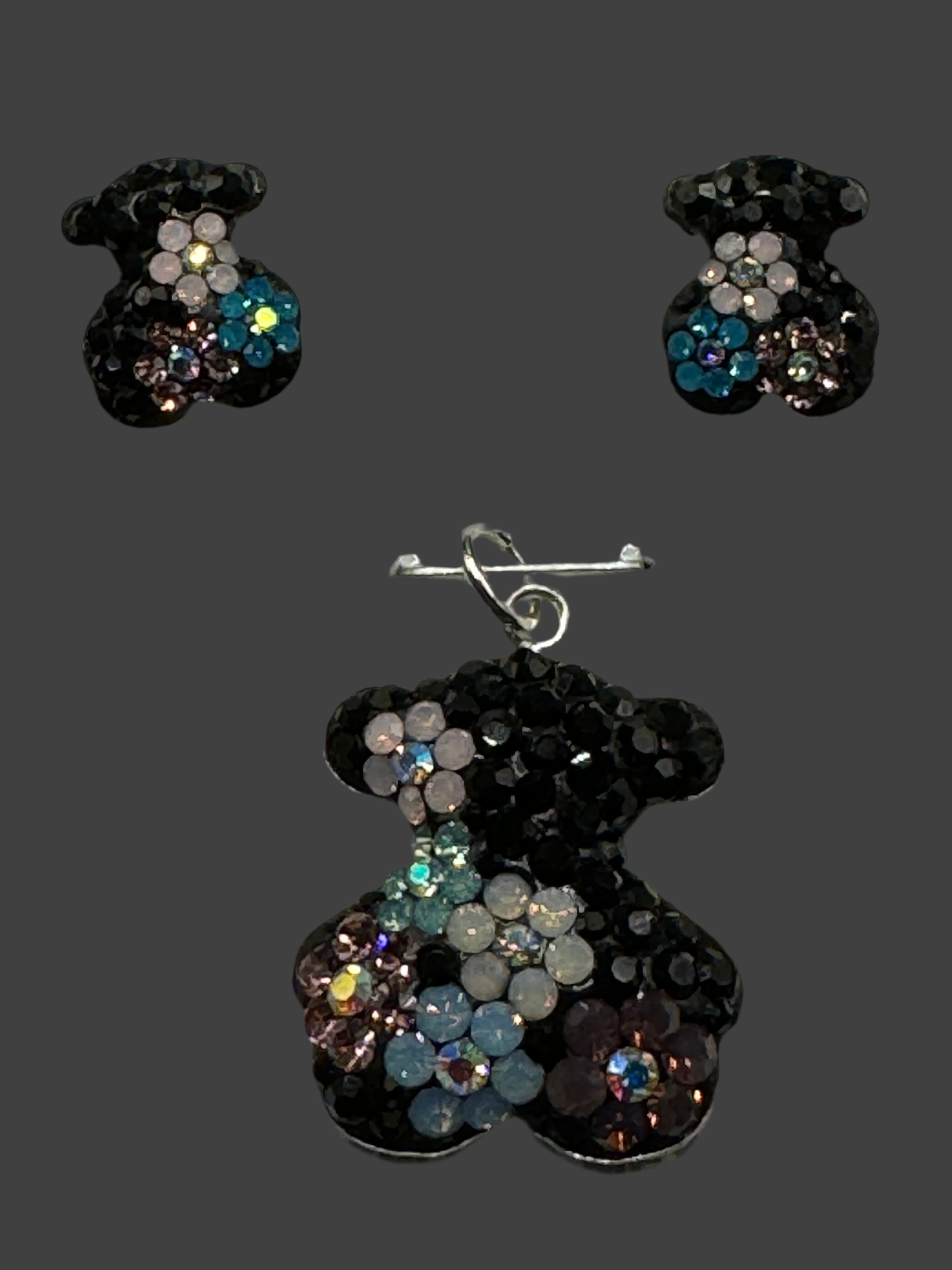 Teddy Bear Pendant & Earrings in blue flowers crystals .