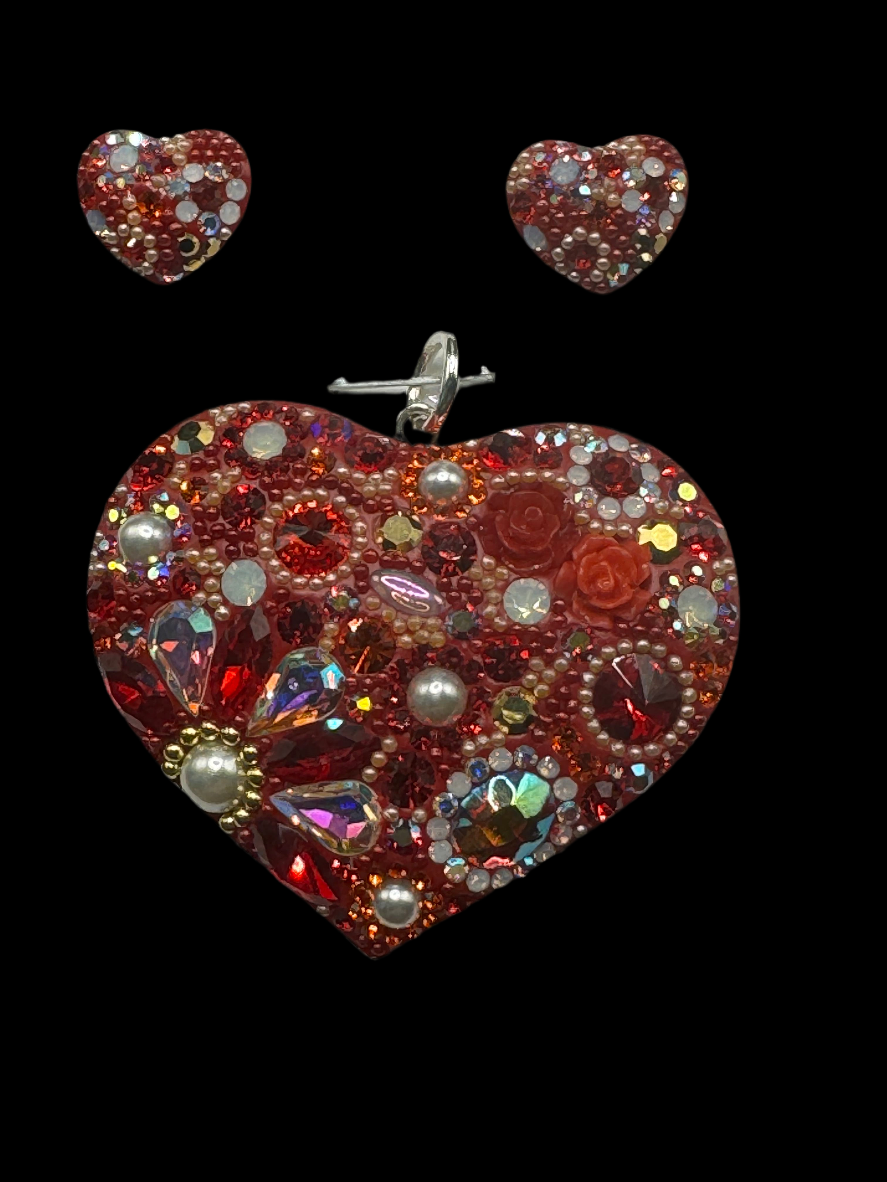 Fuchsia Crystals Heart Pendant & Earrings .