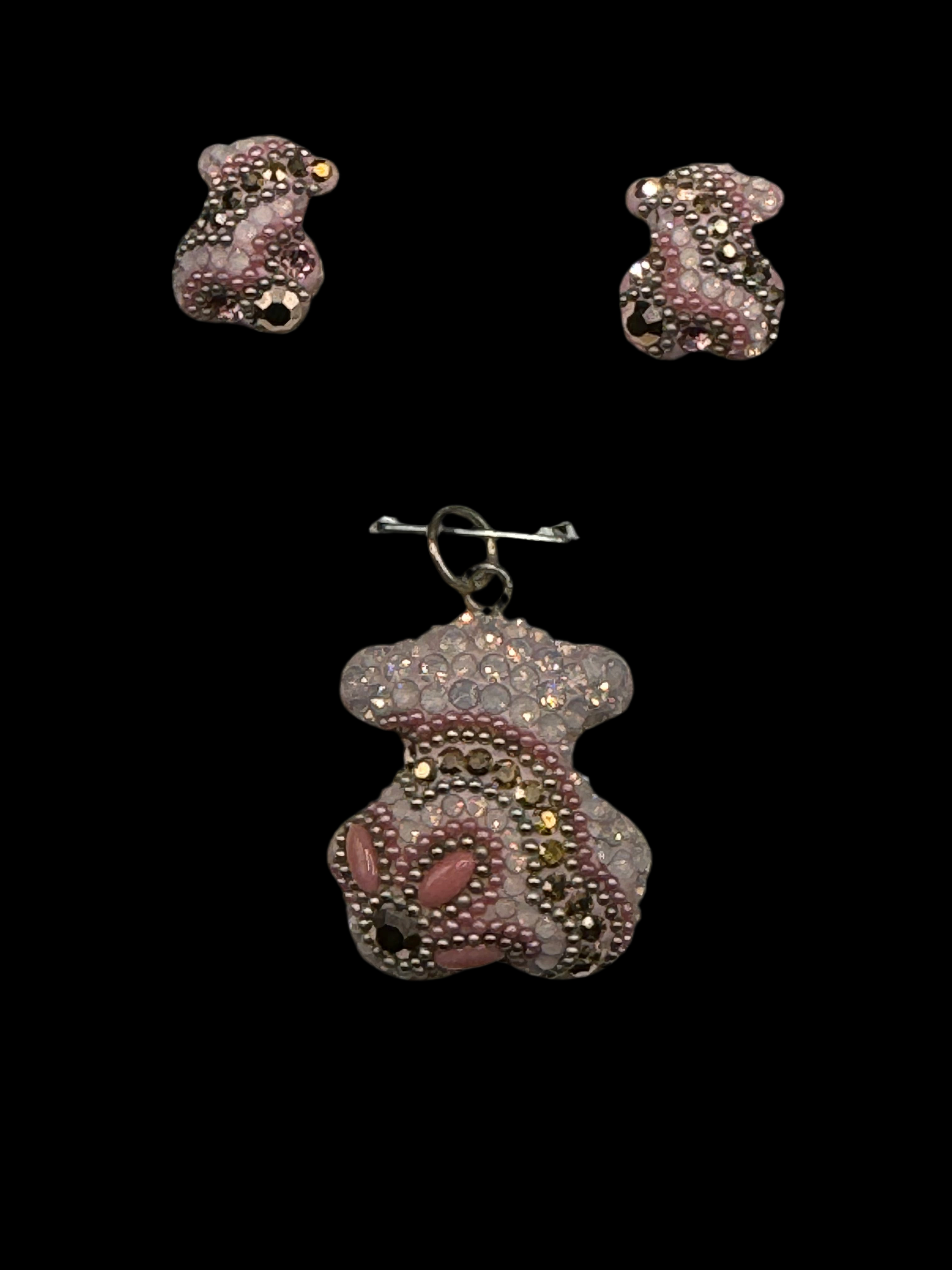 Teddy Bear Pink crystals. Pendant & Earrings .