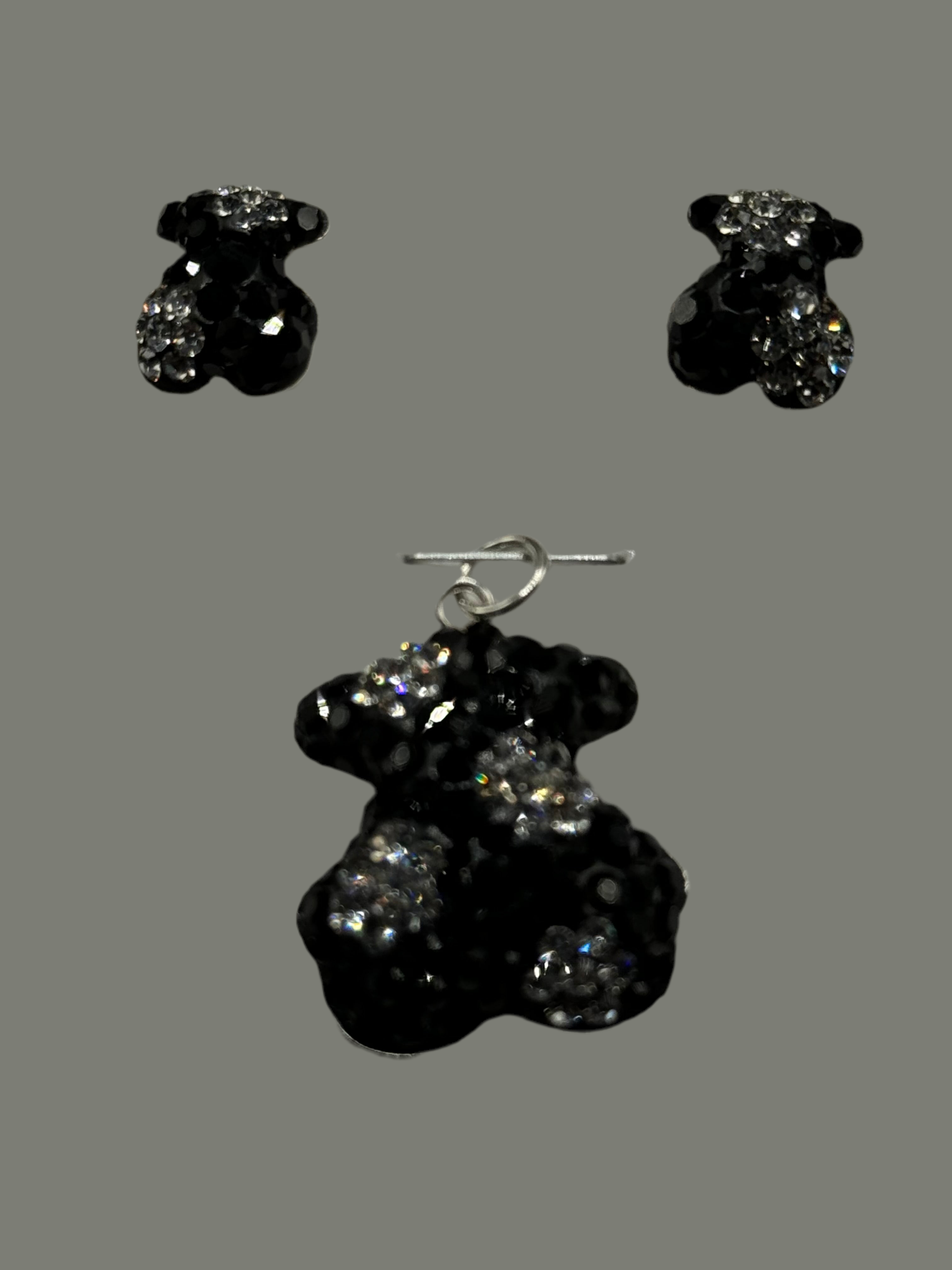 Teddy Bear Pendant & Earrings in black and iridescent crystals .
