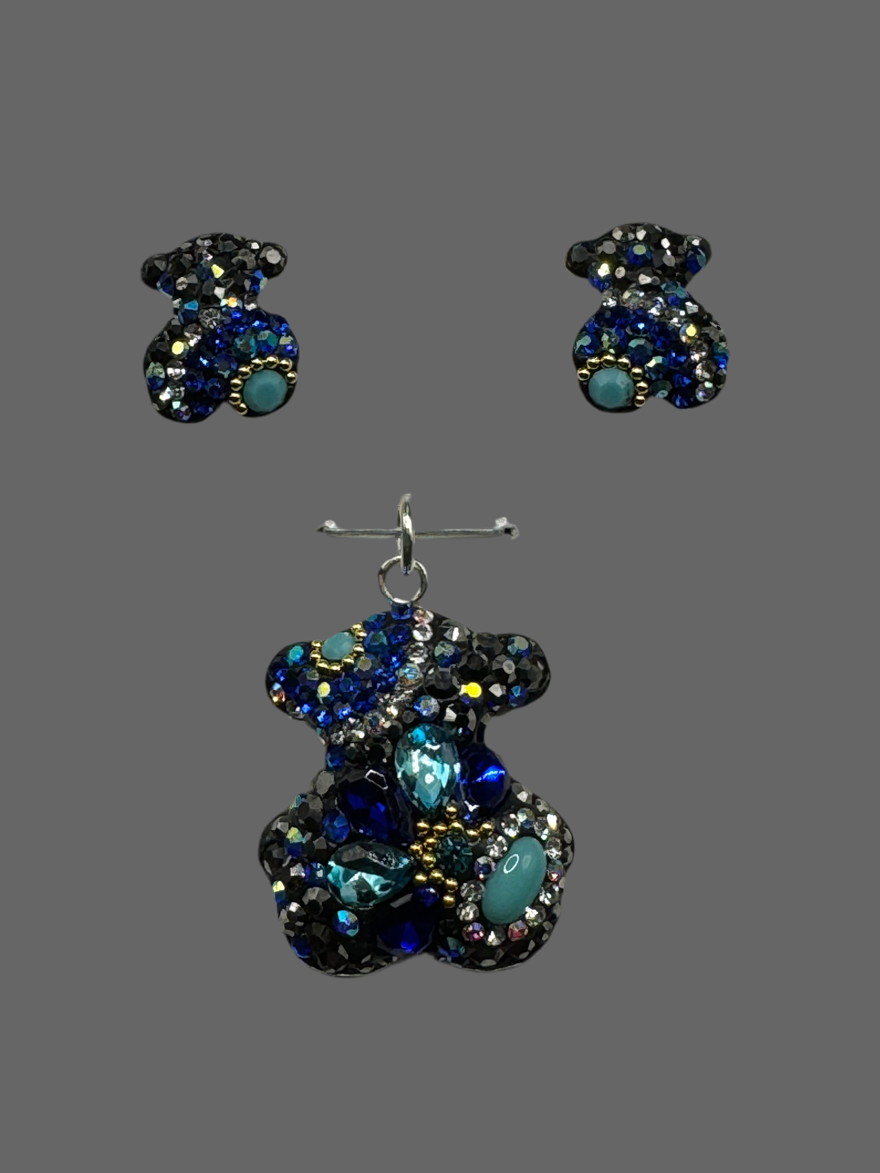 Teddy Bear Pendant & Earrings. Blue & Turquoise crystals .