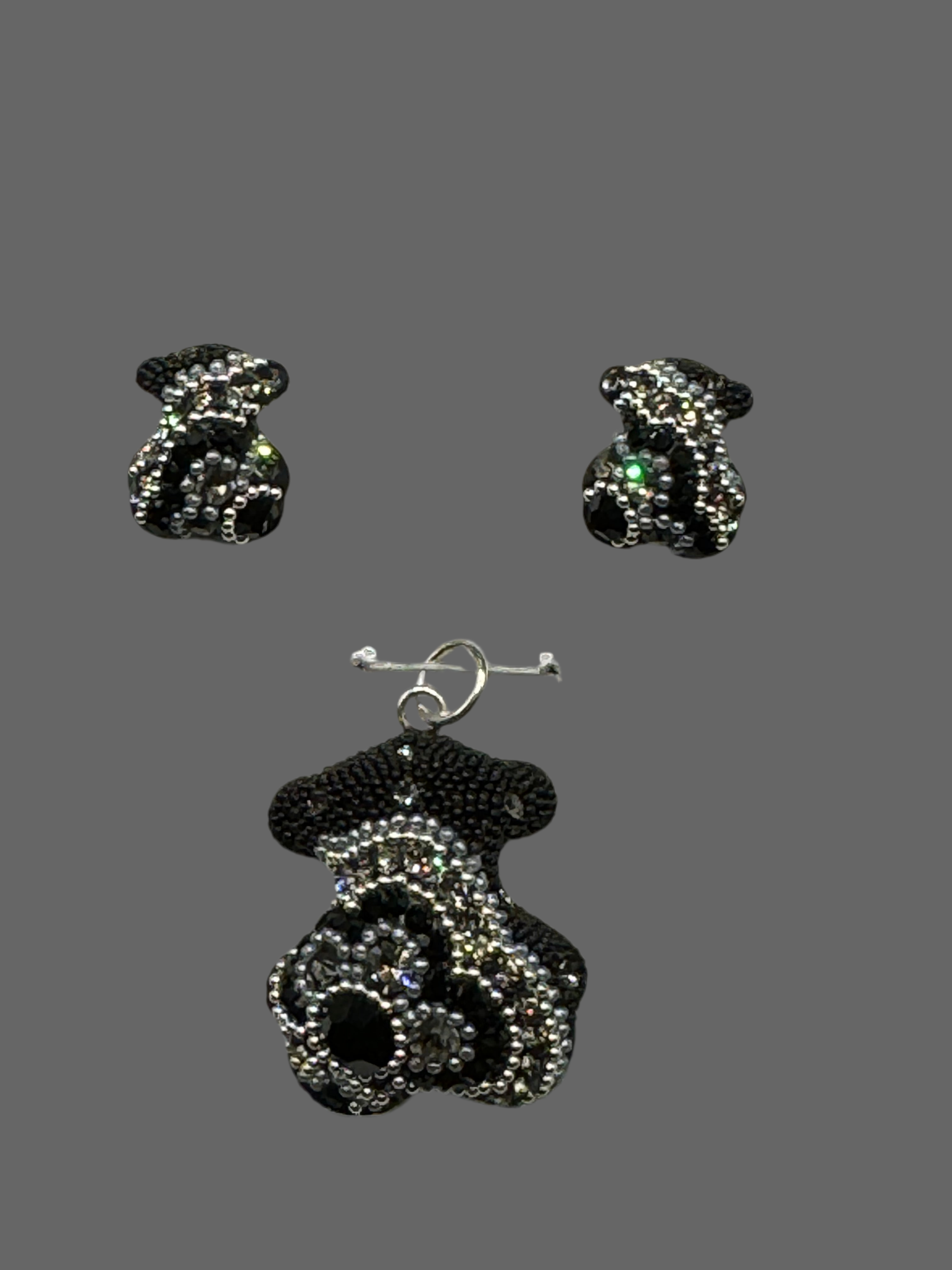 Teddy Bear Pendant & Earrings in black crystals.