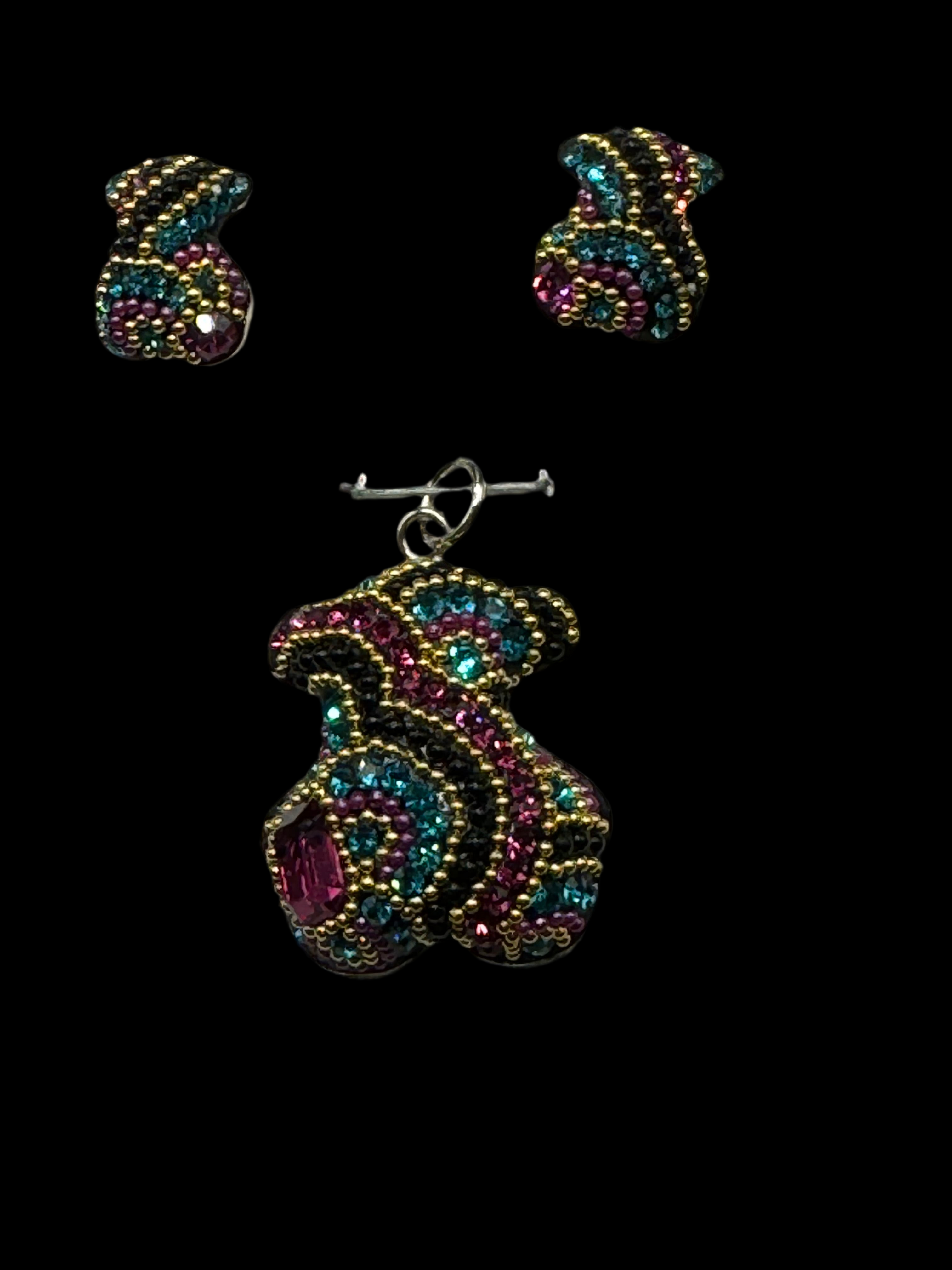 Teddy Bear Pendant & Earrings in black and gold crystals.